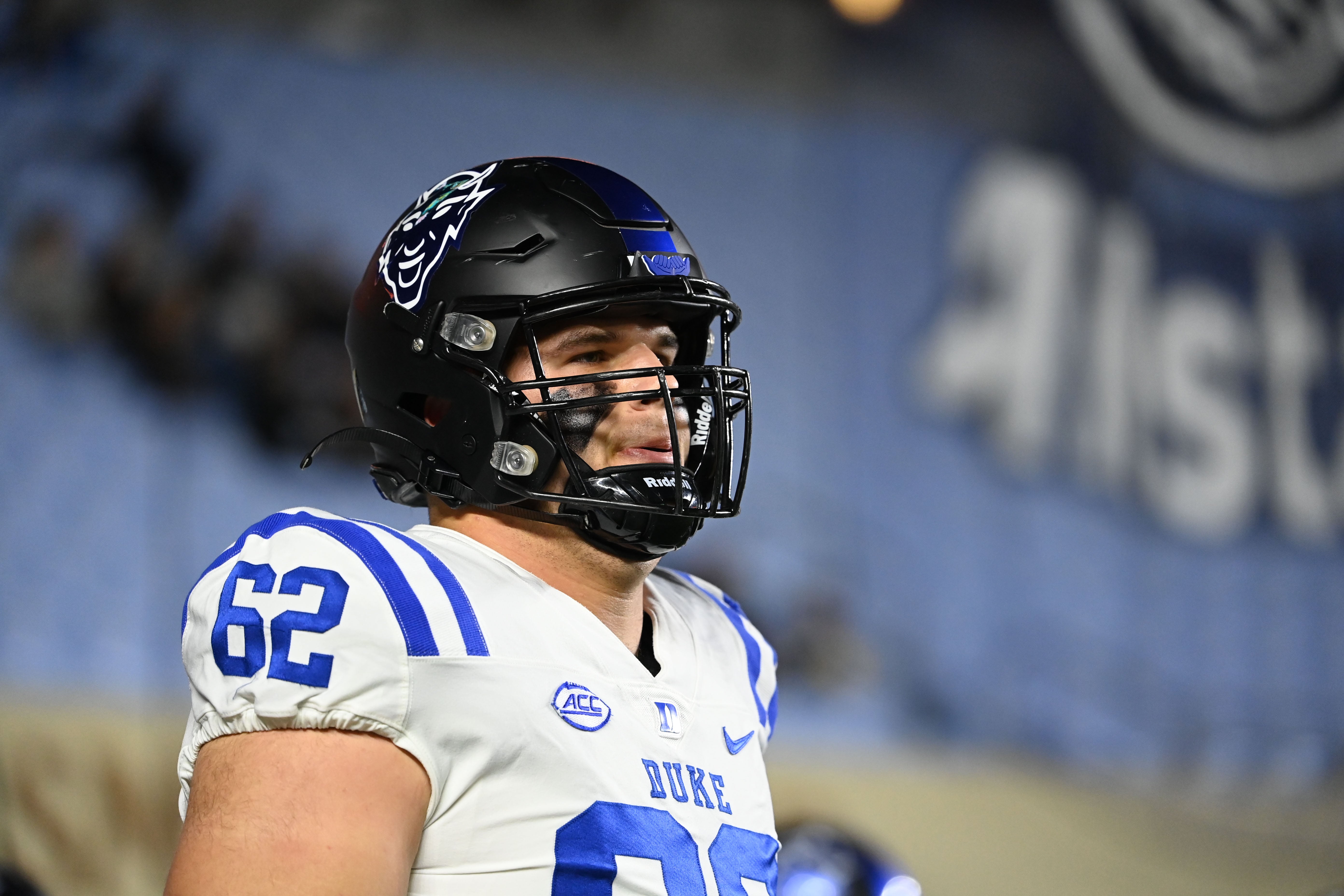 Nov 11, 2023; Chapel Hill, North Carolina, USA; Duke Blue Devils offensive lineman Graham Barton (62) before the game at Kenan Memorial Stadium.