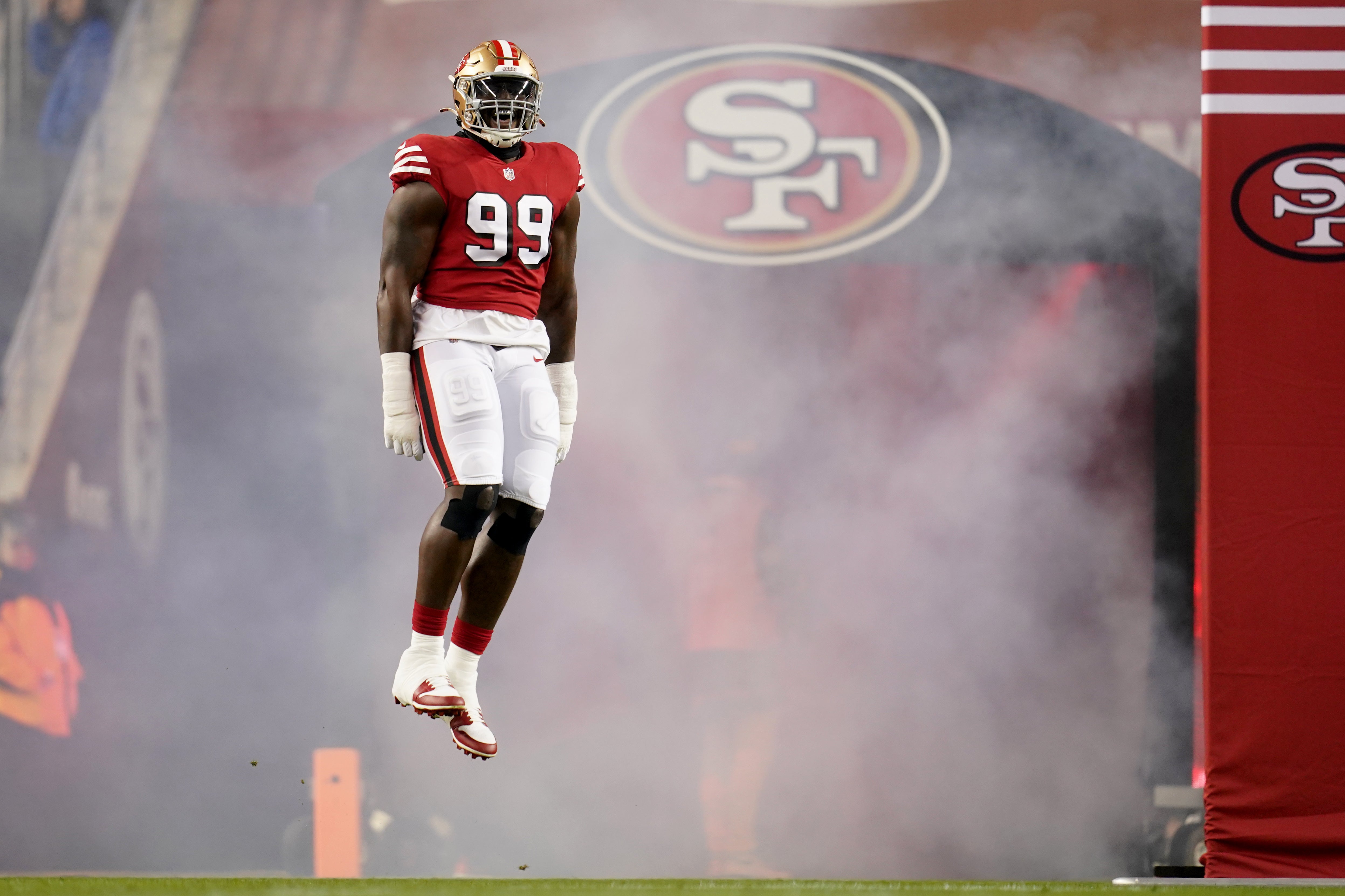 Dec 25, 2023; Santa Clara, California, USA; San Francisco 49ers defensive tackle Javon Kinlaw (99) is introduced before the start of the game against the Baltimore Ravens at Levi's Stadium.