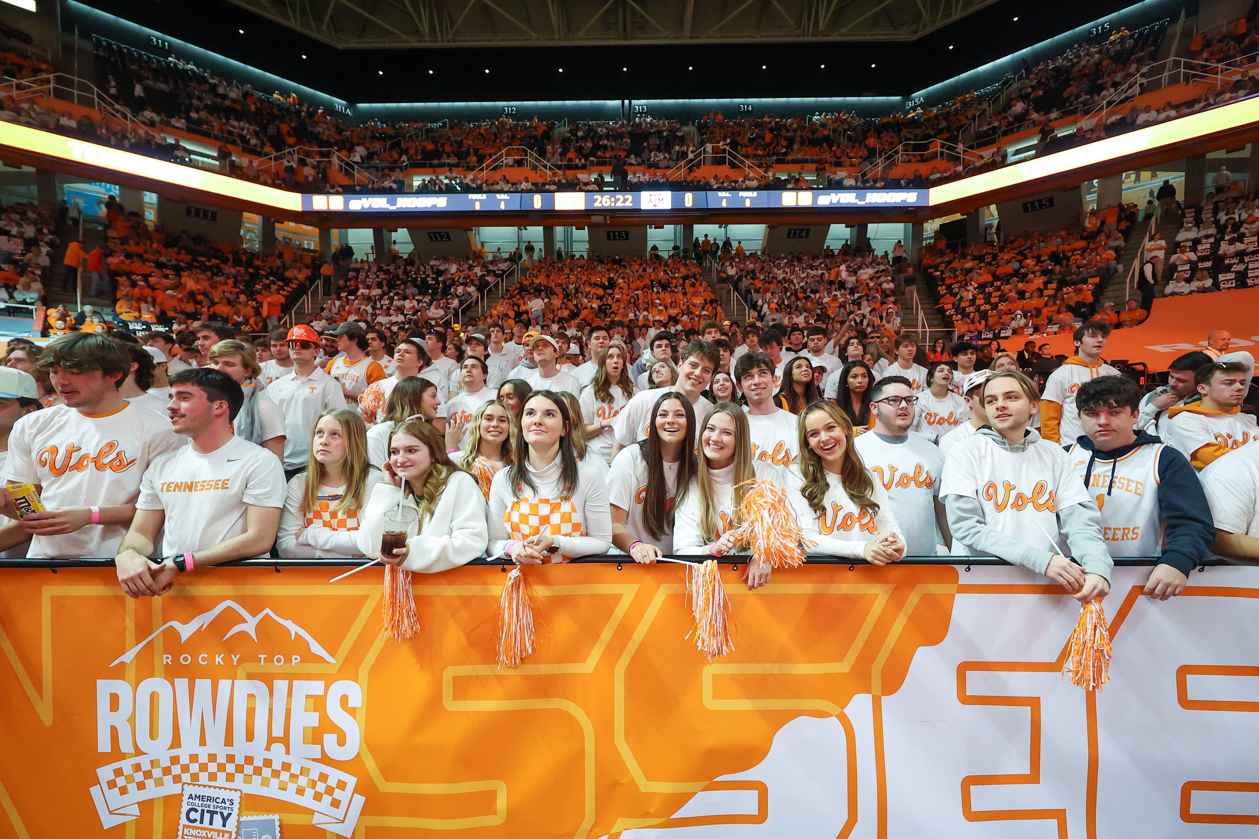 Feb 24, 2024; Knoxville, Tennessee, USA; Tennessee Volunteers fans before the game between the Tennessee Volunteers and the Texas A&M Aggies at Thompson-Boling Arena at Food City Center.