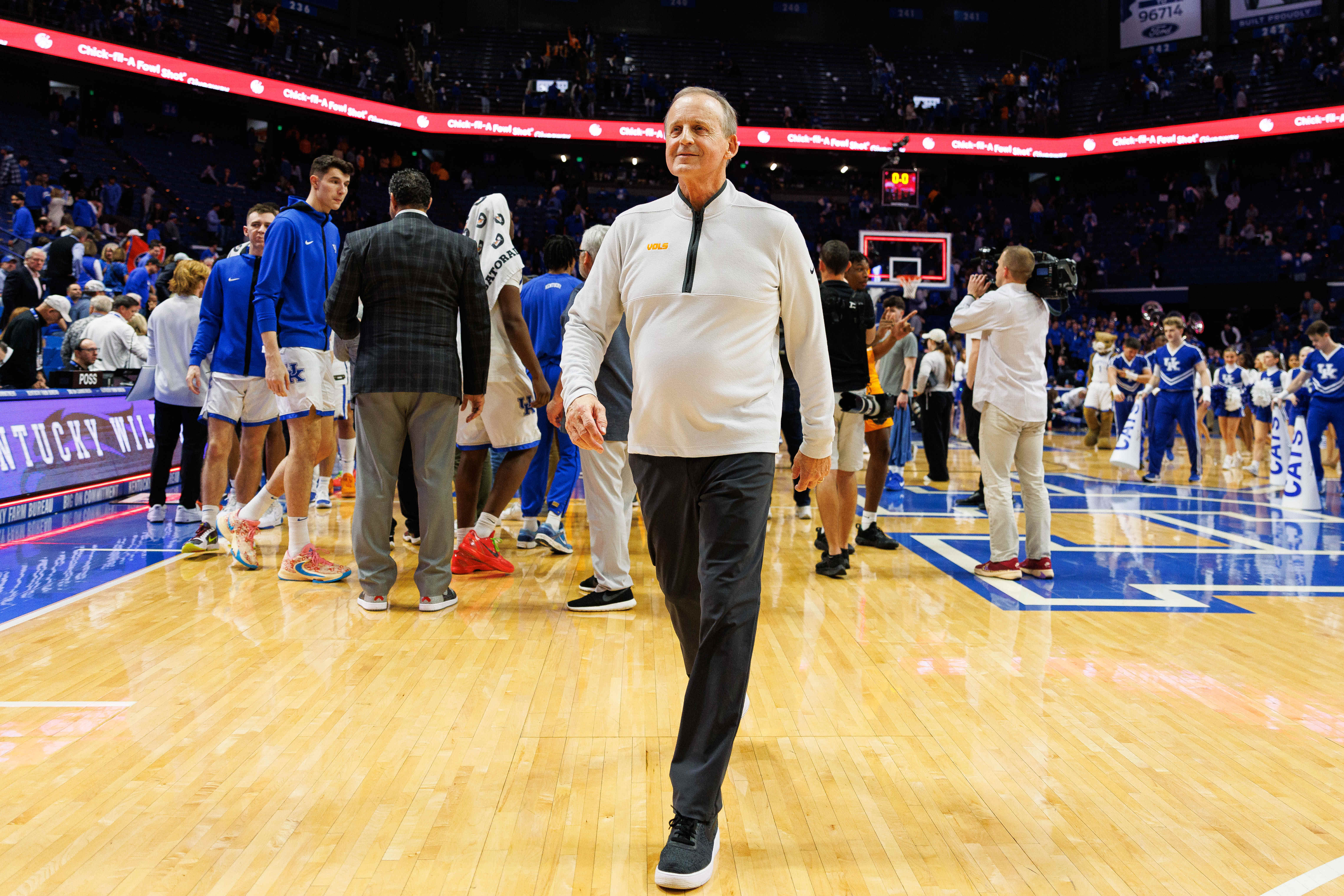 Feb 3, 2024; Lexington, Kentucky, USA; Tennessee Volunteers head coach Rick Barnes walks off the court after the game against the Kentucky Wildcats at Rupp Arena at Central Bank Center.