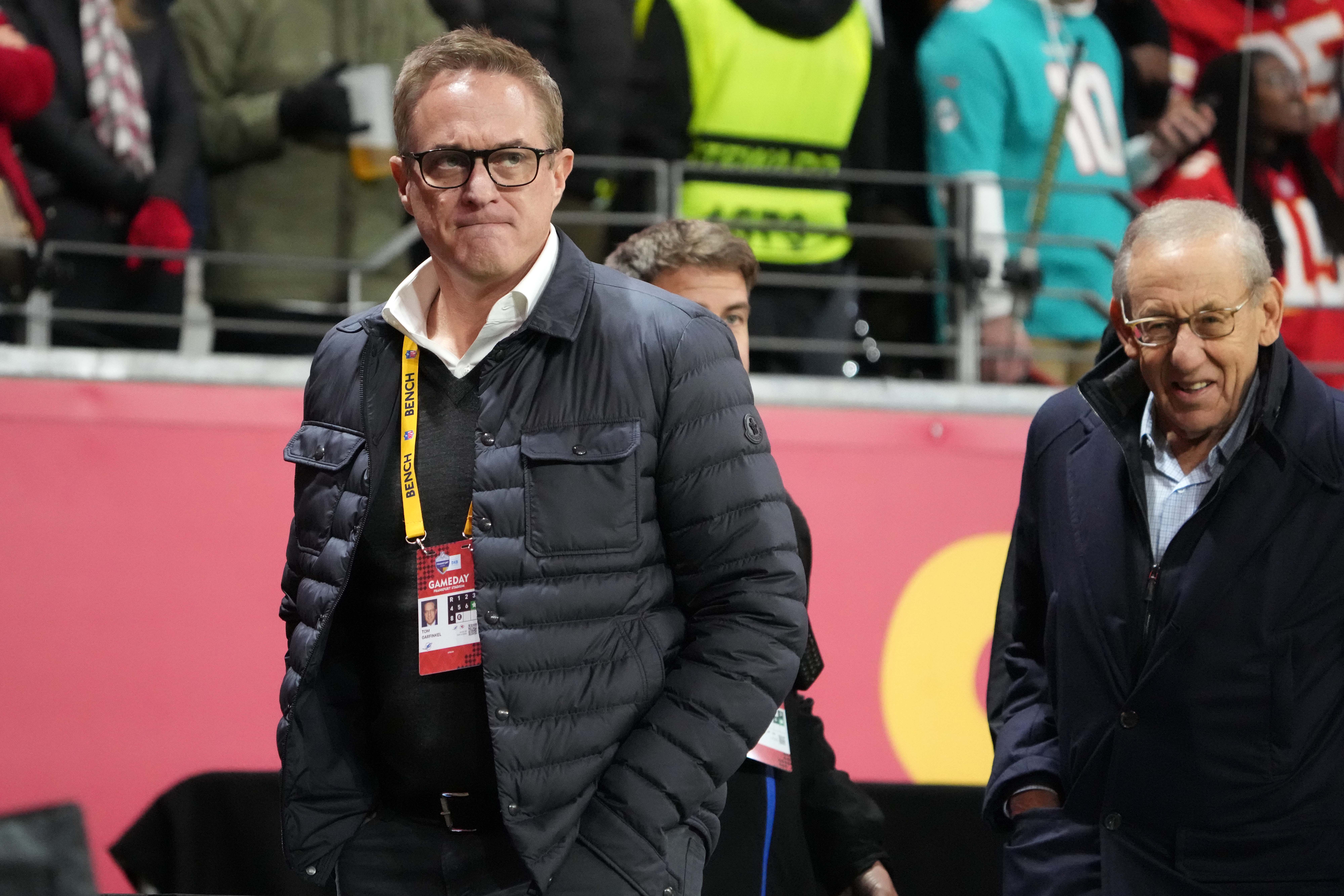 Nov 5, 2023; Frankfurt, Germany; Miami Dolphins chief executive officer Tom Garfinkel (left) and owner Stephen Ross react in the second half during an NFL International Series game against the Kansas City Chiefs at Deutsche Bank Park.