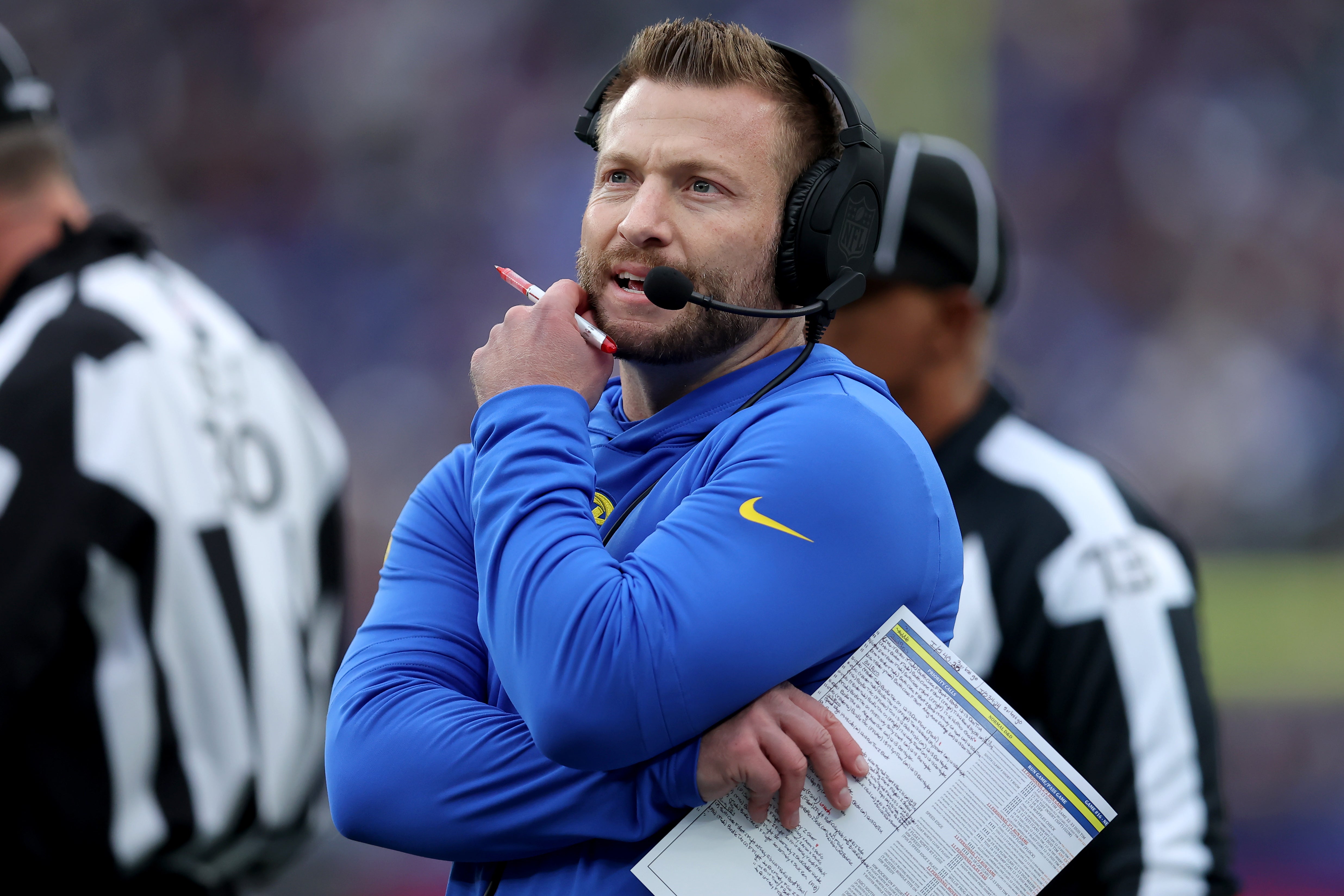 Dec 31, 2023; East Rutherford, New Jersey, USA; Los Angeles Rams head coach Sean McVay coaches against the New York Giants during the first quarter at MetLife Stadium.