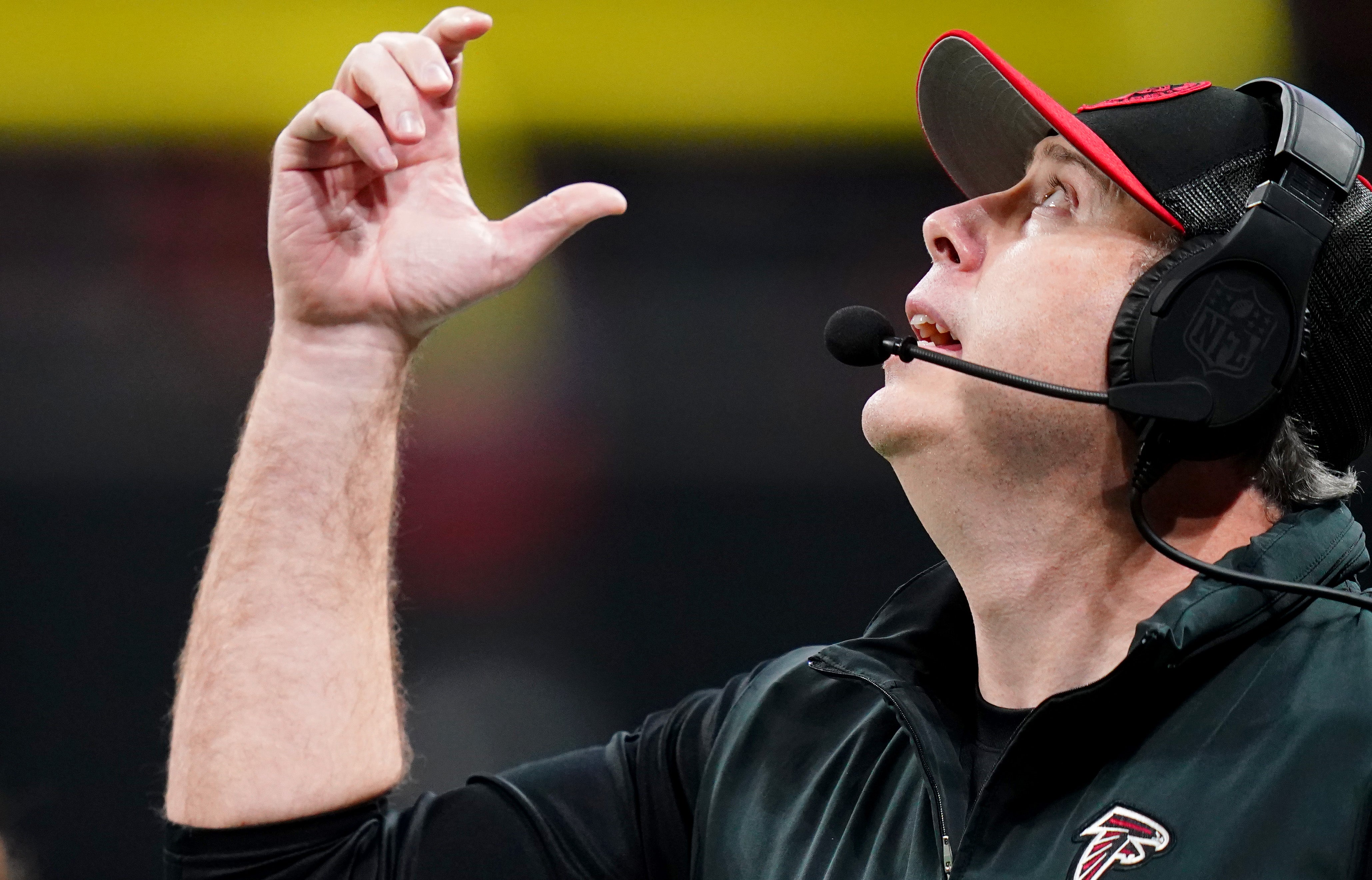 Dec 24, 2023; Atlanta, Georgia, USA; Atlanta Falcons head coach Arthur Smith reacts along the sidelines against the Indianapolis Colts during the first half at Mercedes-Benz Stadium. Mandatory Credit: John David Mercer-USA TODAY Sports