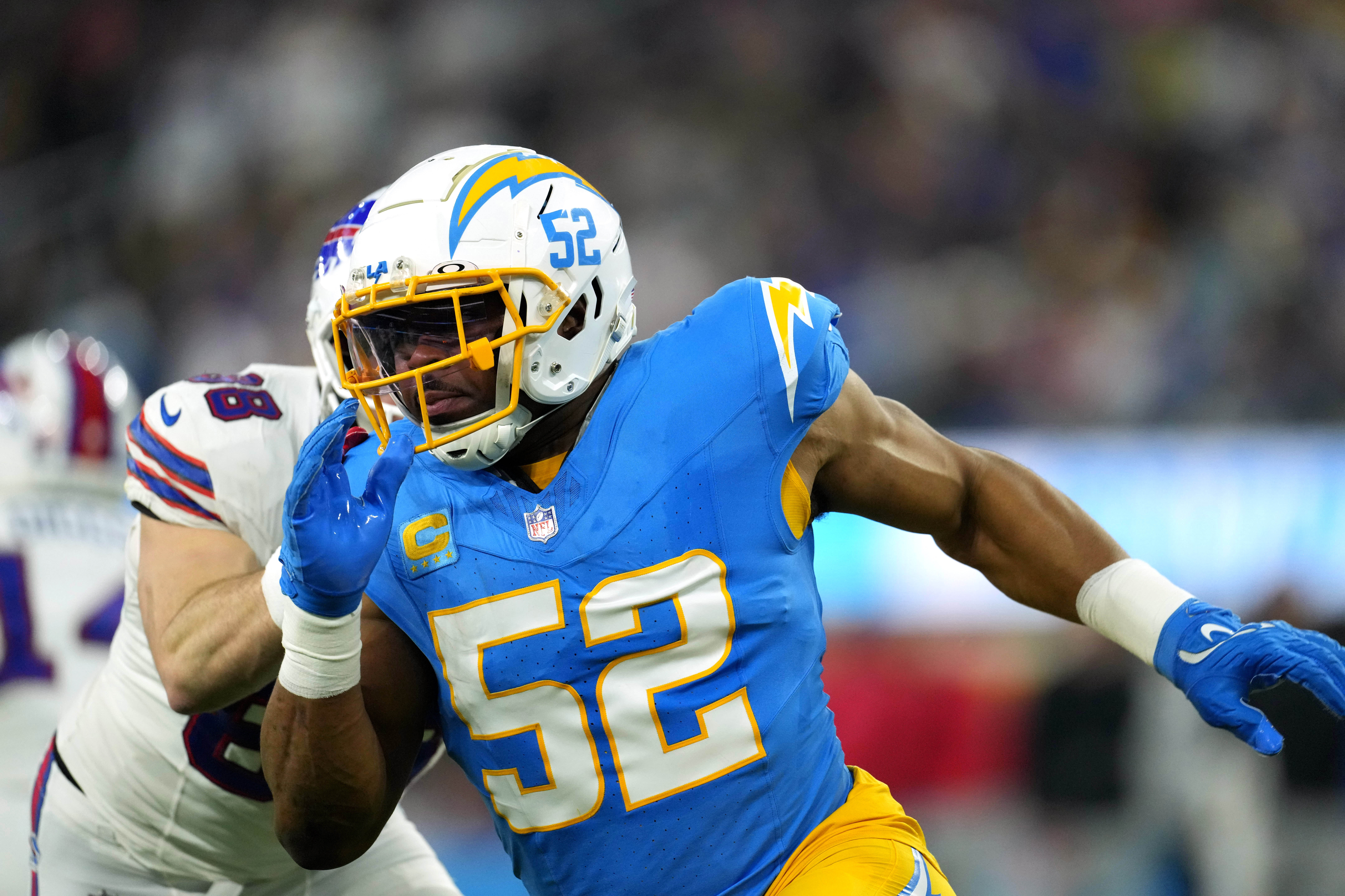 Los Angeles Chargers linebacker Khalil Mack (52) rushes against the Buffalo Bills in the second half at SoFi Stadium.