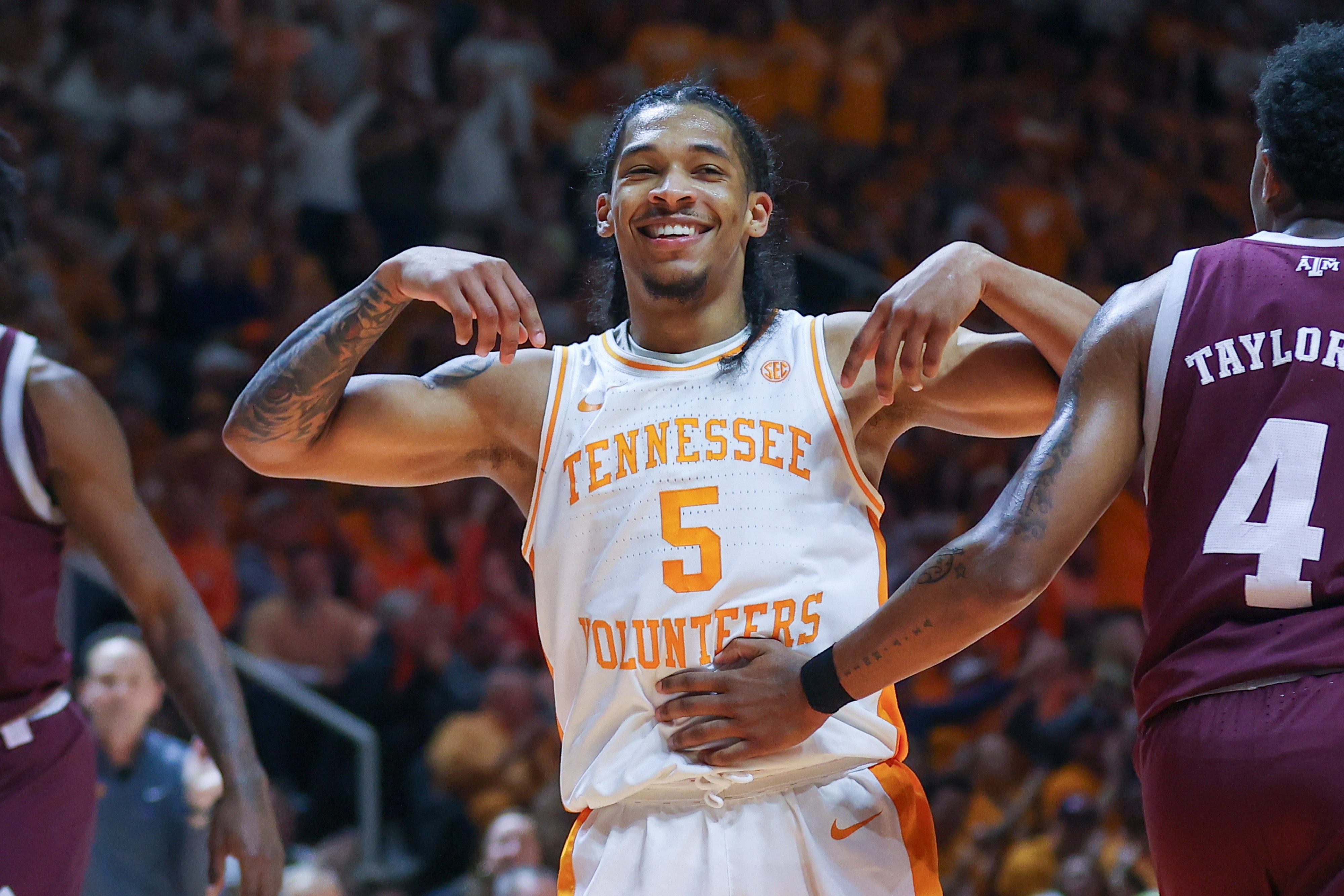 Feb 24, 2024; Knoxville, Tennessee, USA; Tennessee Volunteers guard Zakai Zeigler (5) reacts after a play against the Texas A&M Aggies during the second half at Thompson-Boling Arena at Food City Center.