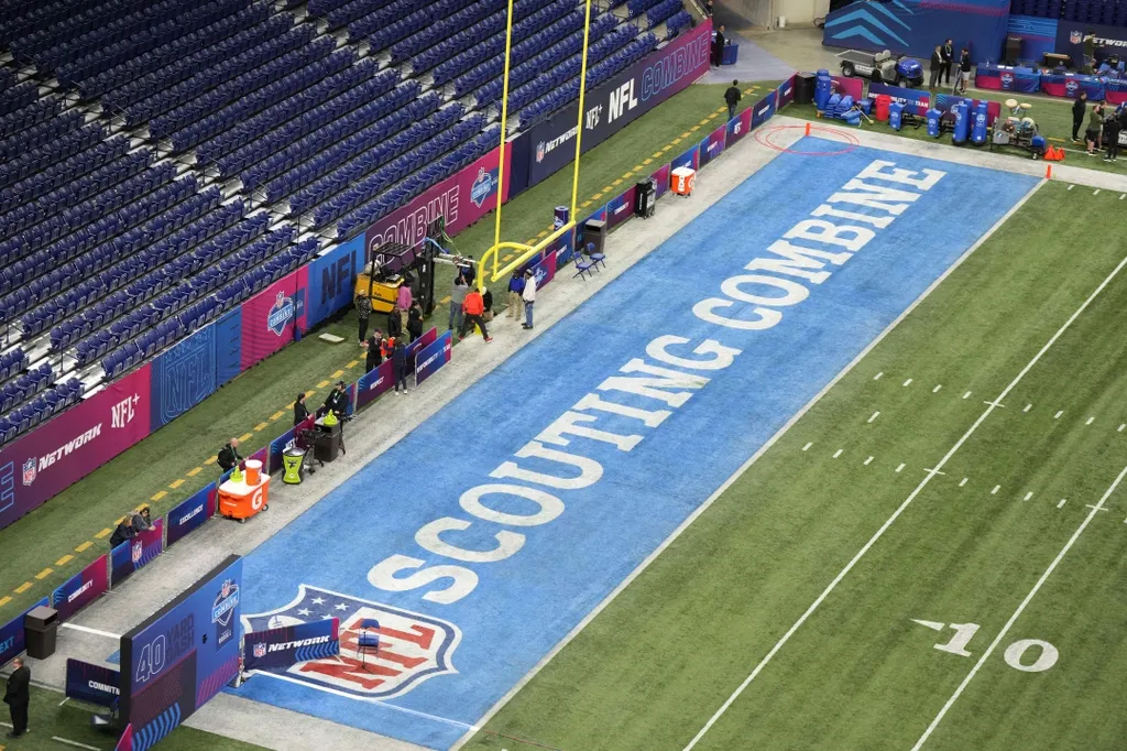 The NFL shield logo in the end zone during the NFL Scouting Combine at Lucas Oil Stadium.