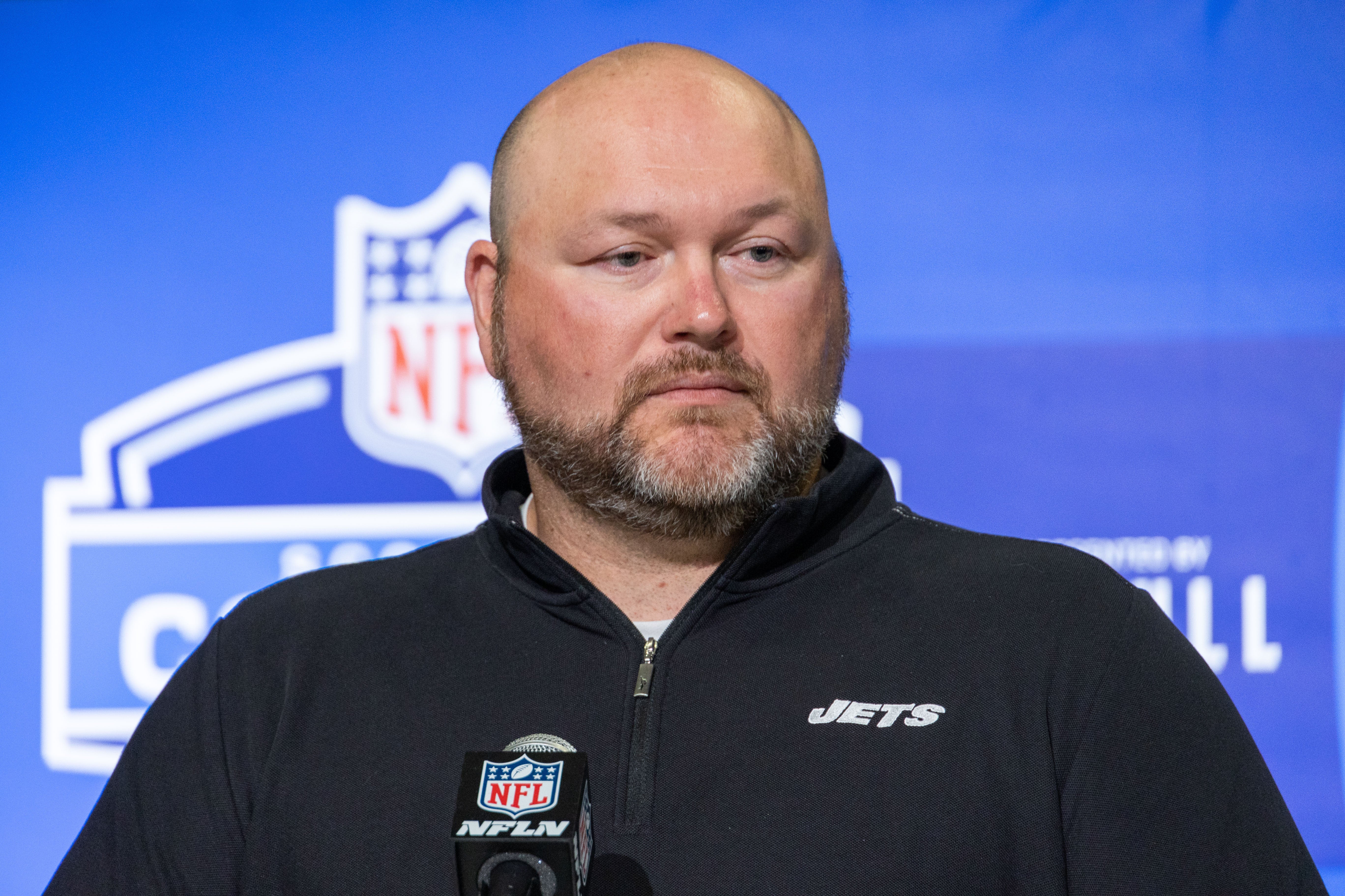 New York Jets general manager Joe Douglas speaks to the press at the NFL Combine at Lucas Oil Stadium.