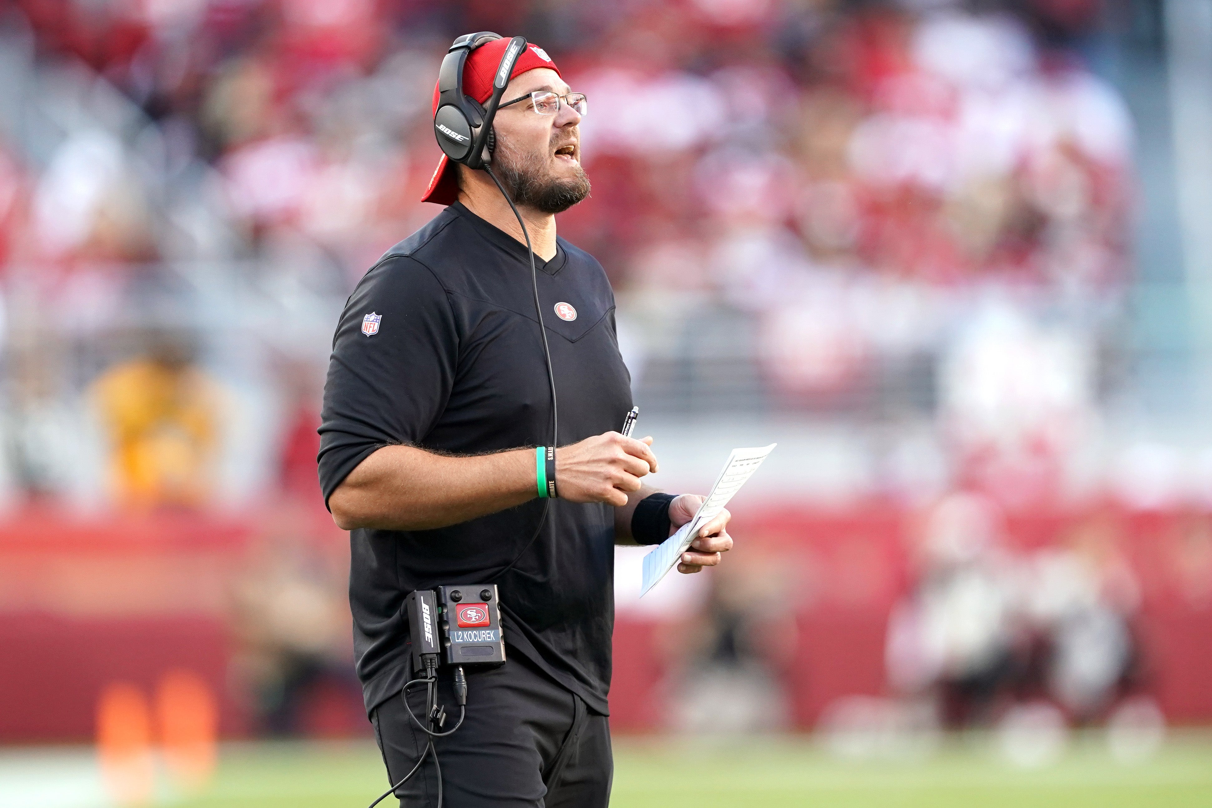 Sep 26, 2021; Santa Clara, California, USA; San Francisco 49ers defensive line coach Kris Kocurek yells during the second quarter against the Green Bay Packers at Levi's Stadium.