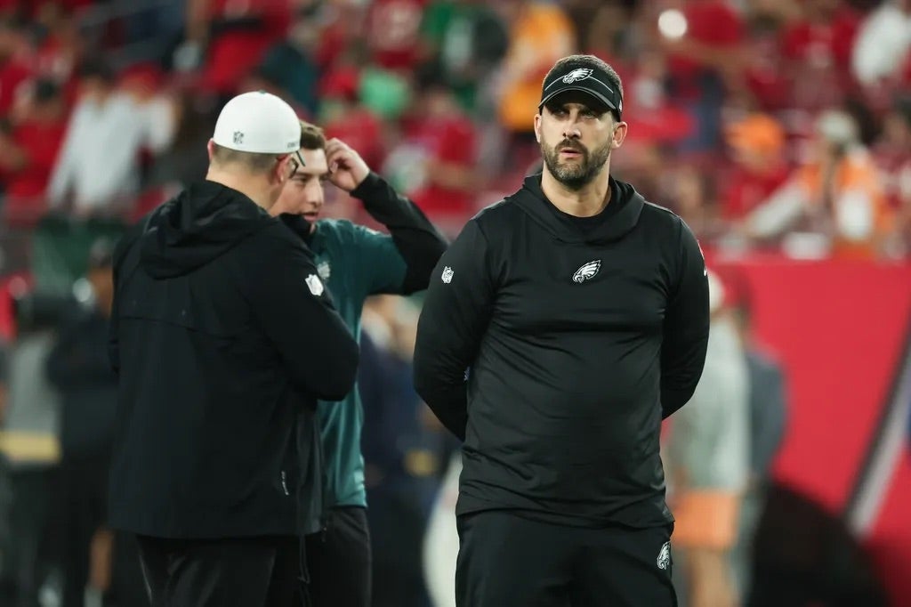 Philadelphia Eagles head coach Nick Sirianni stands on the sidelines during warm ups before a 2024 NFC wild card game against the Tampa Bay Buccaneers at Raymond James Stadium.