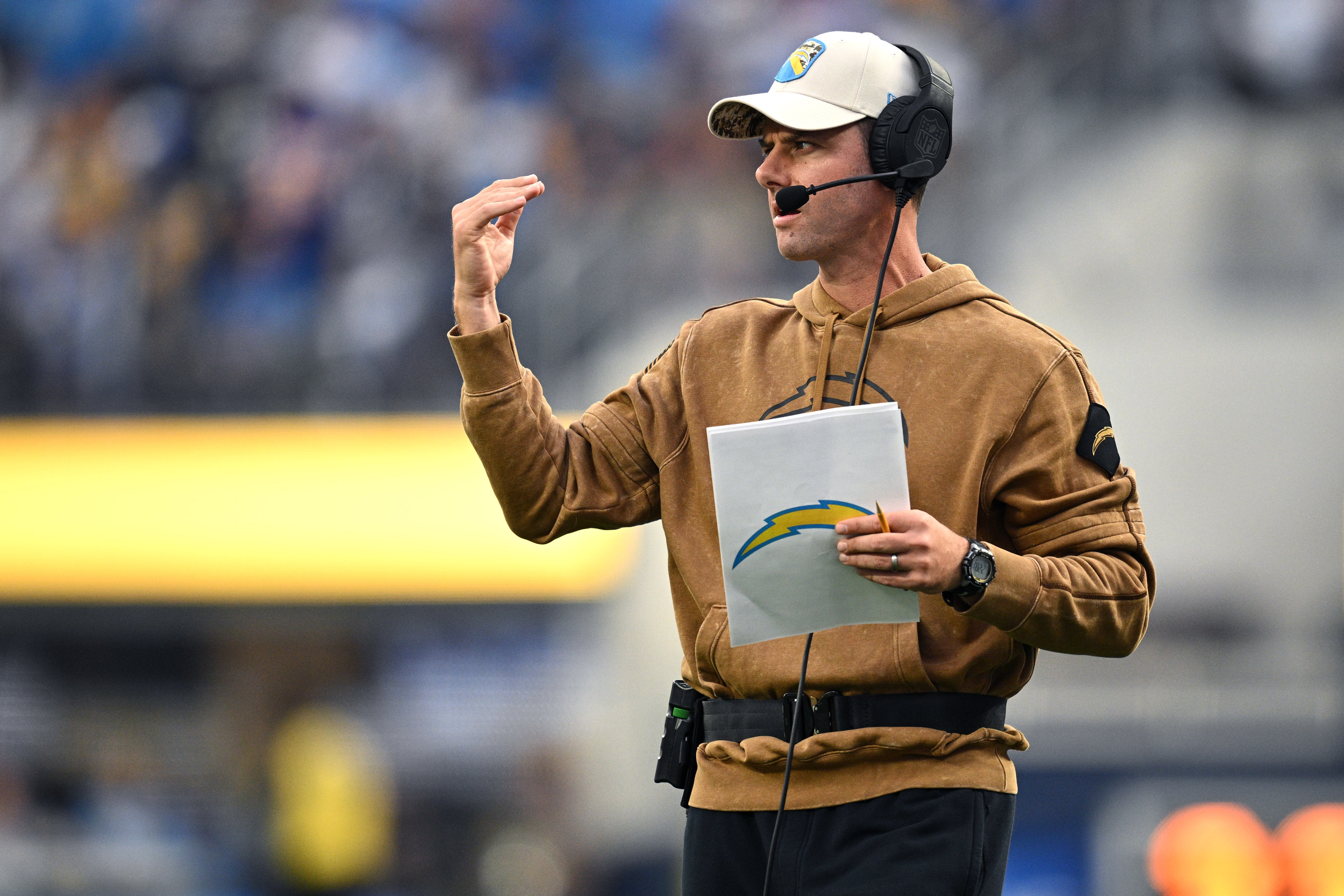 Nov 12, 2023; Inglewood, California, USA; Los Angeles Chargers head coach Brandon Staley gestures during the first half against the Detroit Lions at SoFi Stadium.