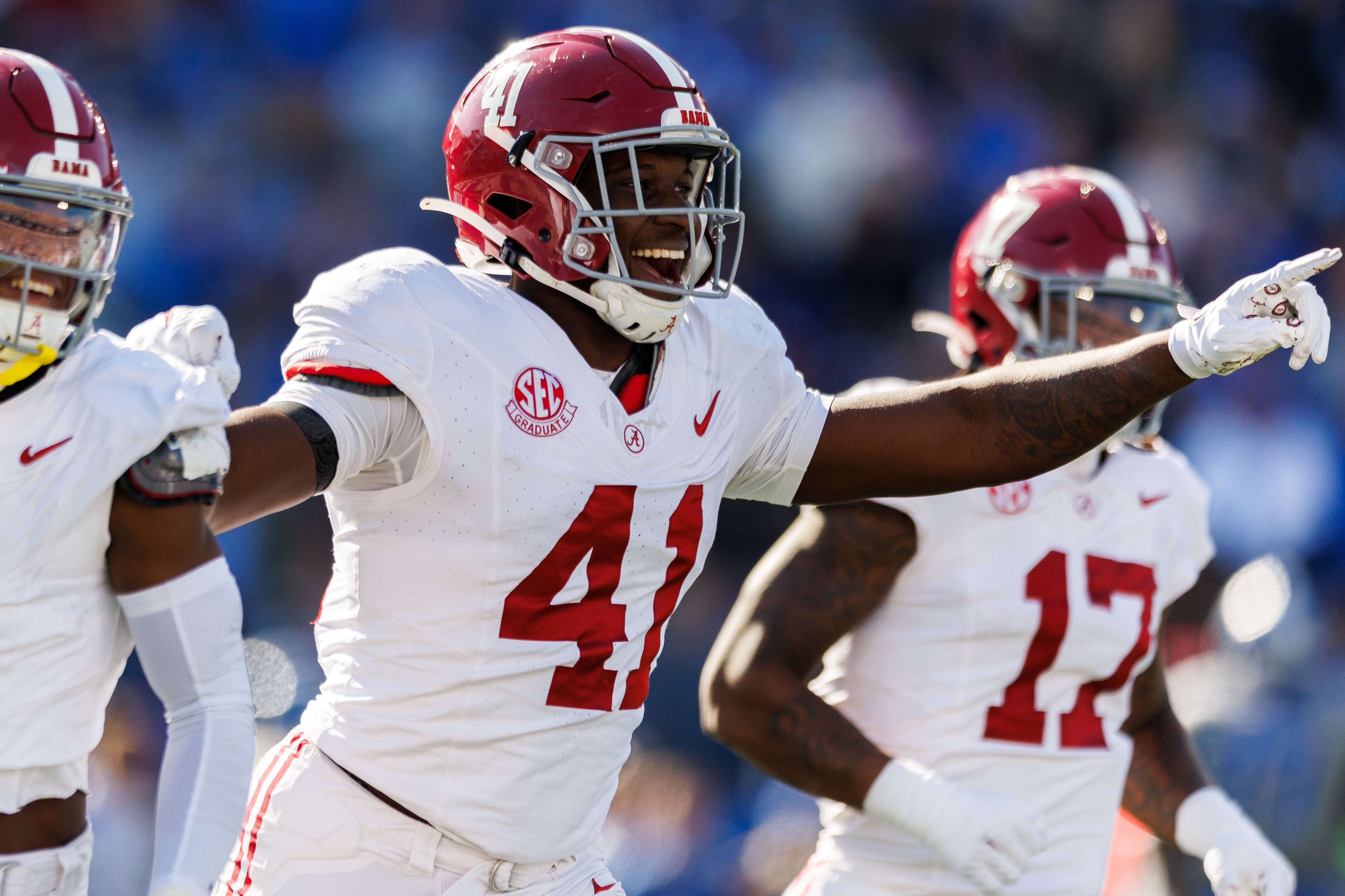 Nov 11, 2023; Lexington, Kentucky, USA; Alabama Crimson Tide linebacker Chris Braswell (41) celebrates after a Kentucky Wildcats fumble during the first quarter at Kroger Field.