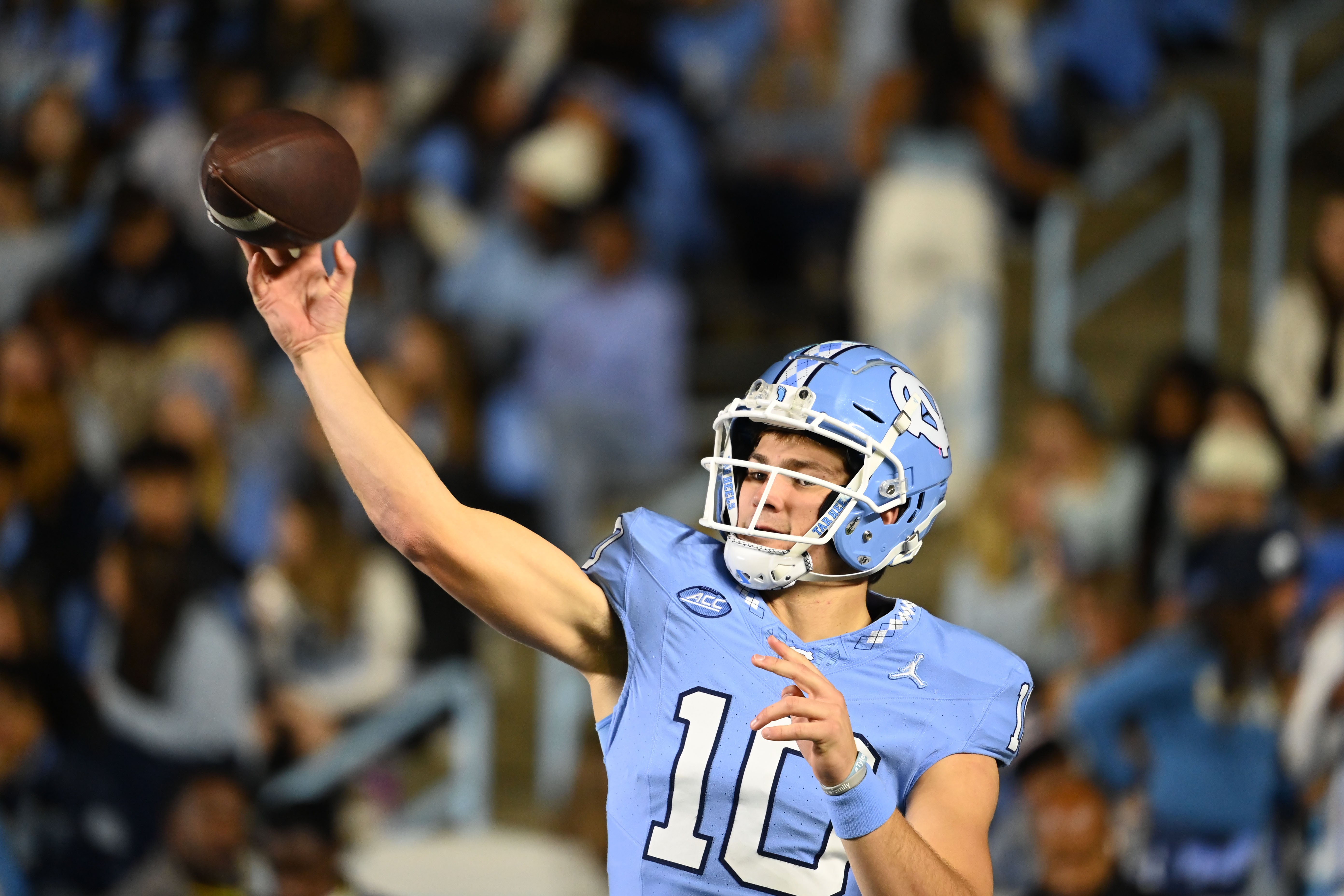 Nov 11, 2023; Chapel Hill, North Carolina, USA; North Carolina Tar Heels quarterback Drake Maye (10) warms up before the game at Kenan Memorial Stadium.