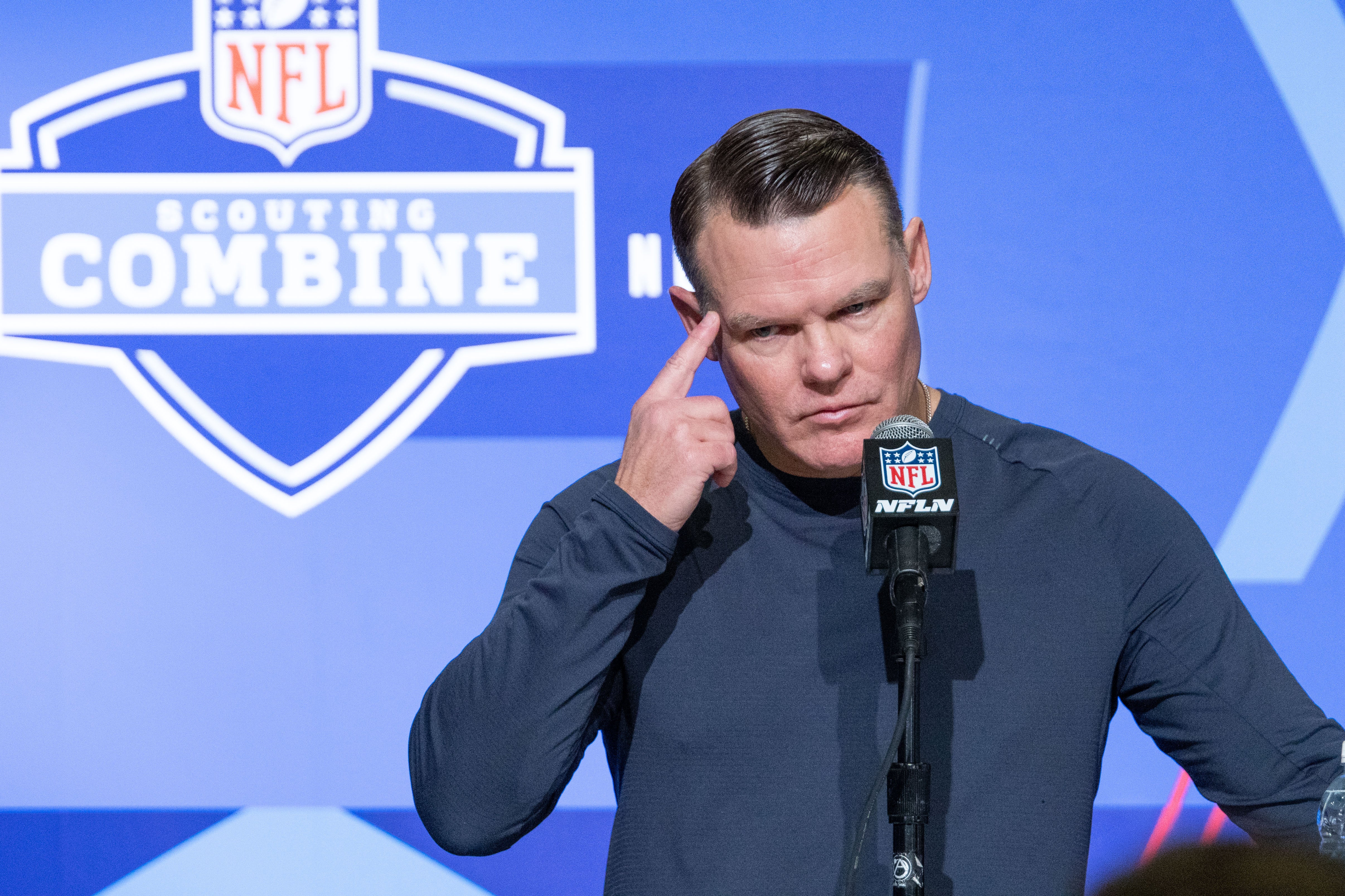 Mar 1, 2023; Indianapolis, IN, USA; Indianapolis Colts general manager Chris Ballard speaks to the press at the NFL Combine at Lucas Oil Stadium.