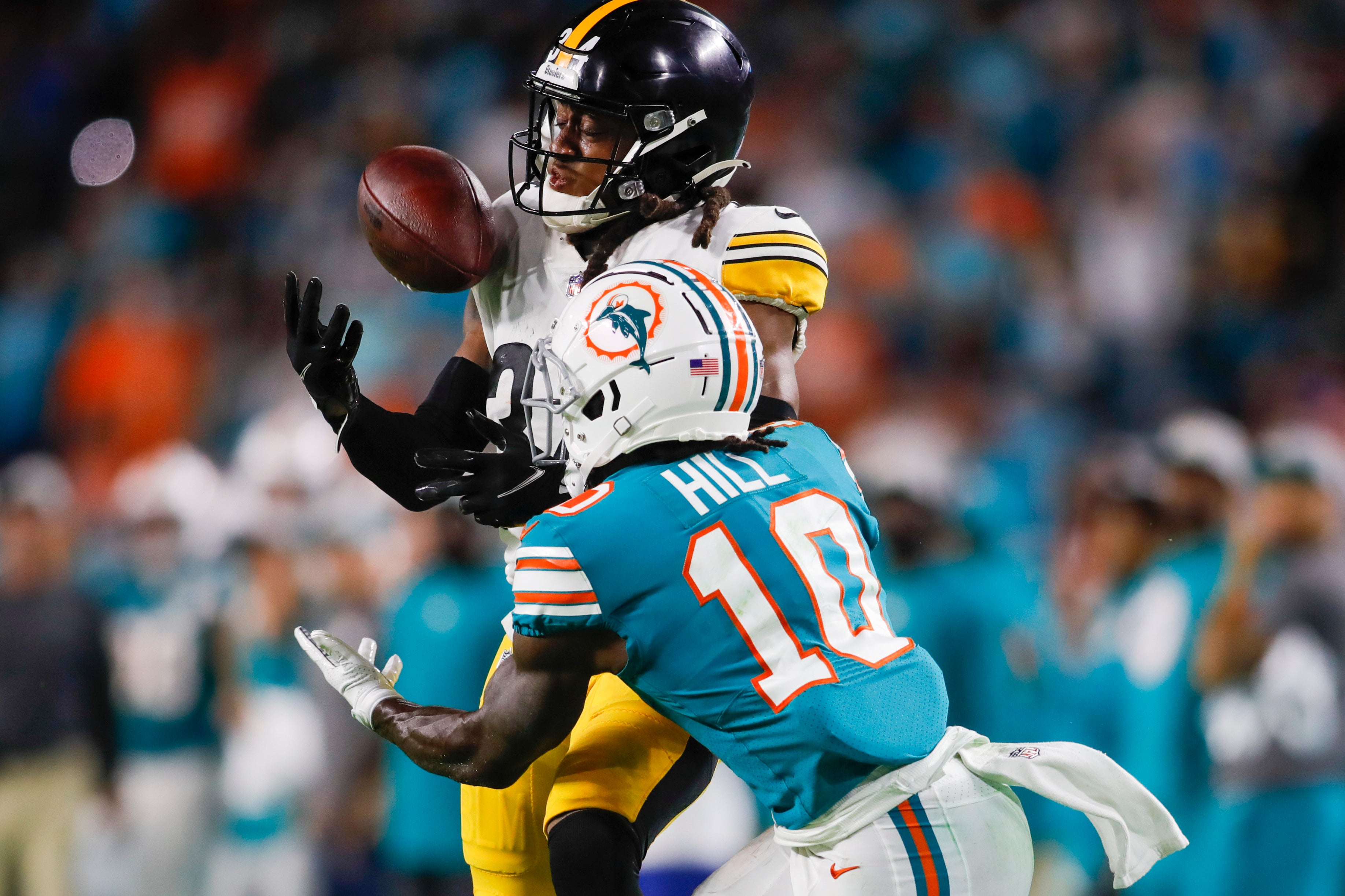Oct 23, 2022; Miami Gardens, Florida, USA; Pittsburgh Steelers safety Terrell Edmunds (34) blocks a pass intended to Miami Dolphins wide receiver Tyreek Hill (10) during the fourth quarter at Hard Rock Stadium.