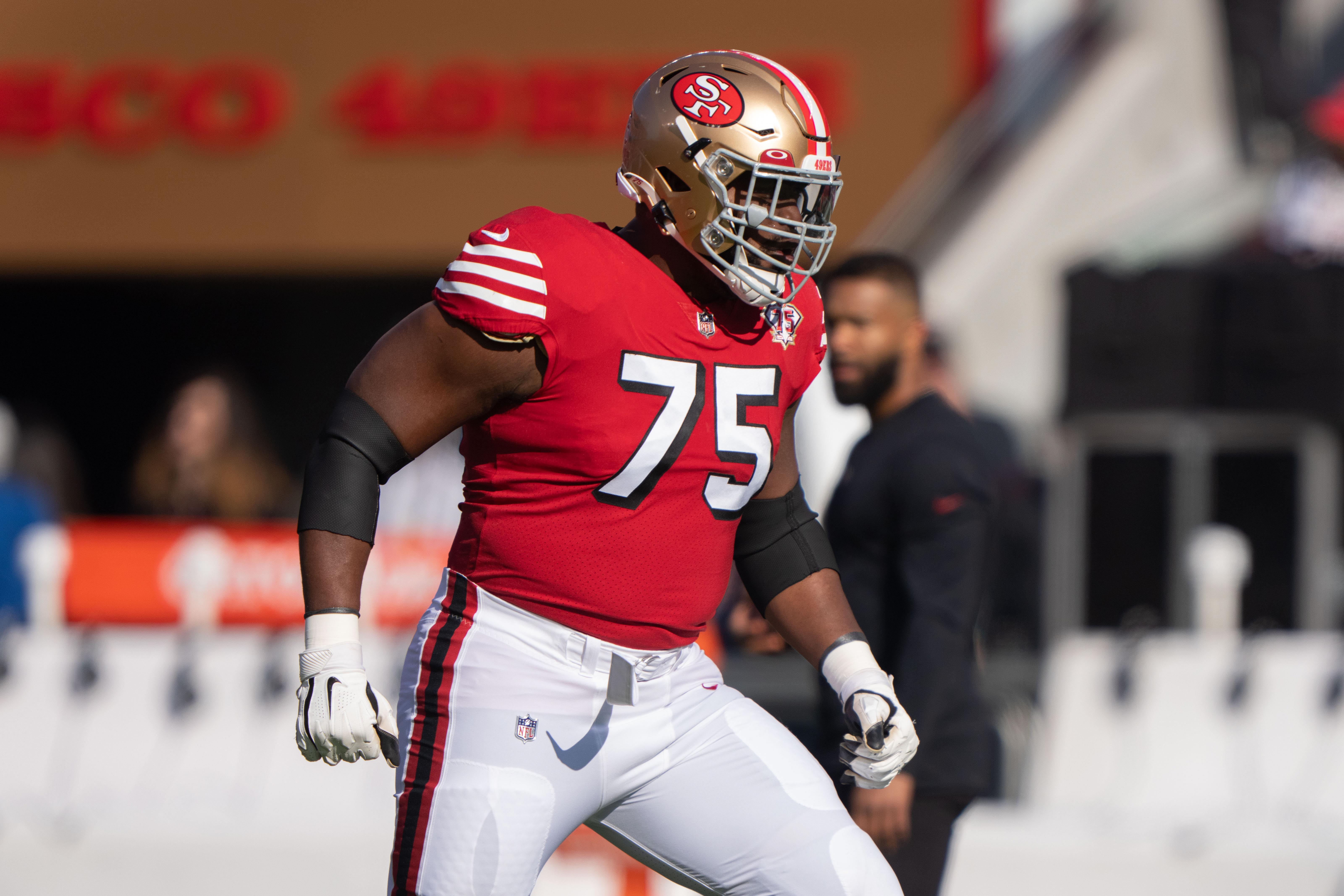 Dec 19, 2021; Santa Clara, California, USA; San Francisco 49ers guard Laken Tomlinson (75) during warmups before the start of the game against the Atlanta Falcons at Levi's Stadium.