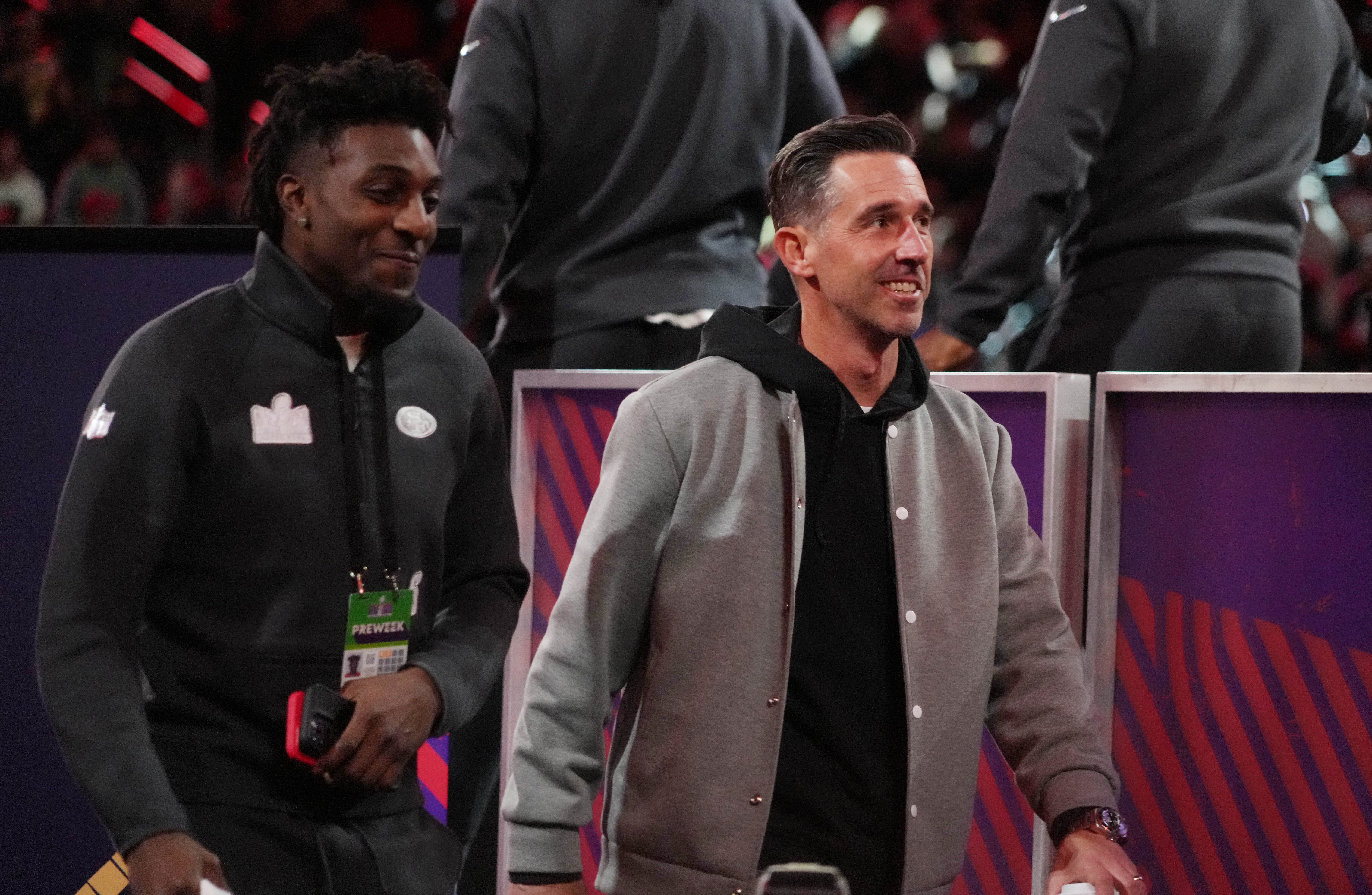 Feb 5, 2024; Las Vegas, NV, USA; San Francisco 49ers head coach Kyle Shanahan arrives during Super Bowl LVIII Opening Night at Allegiant Stadium.