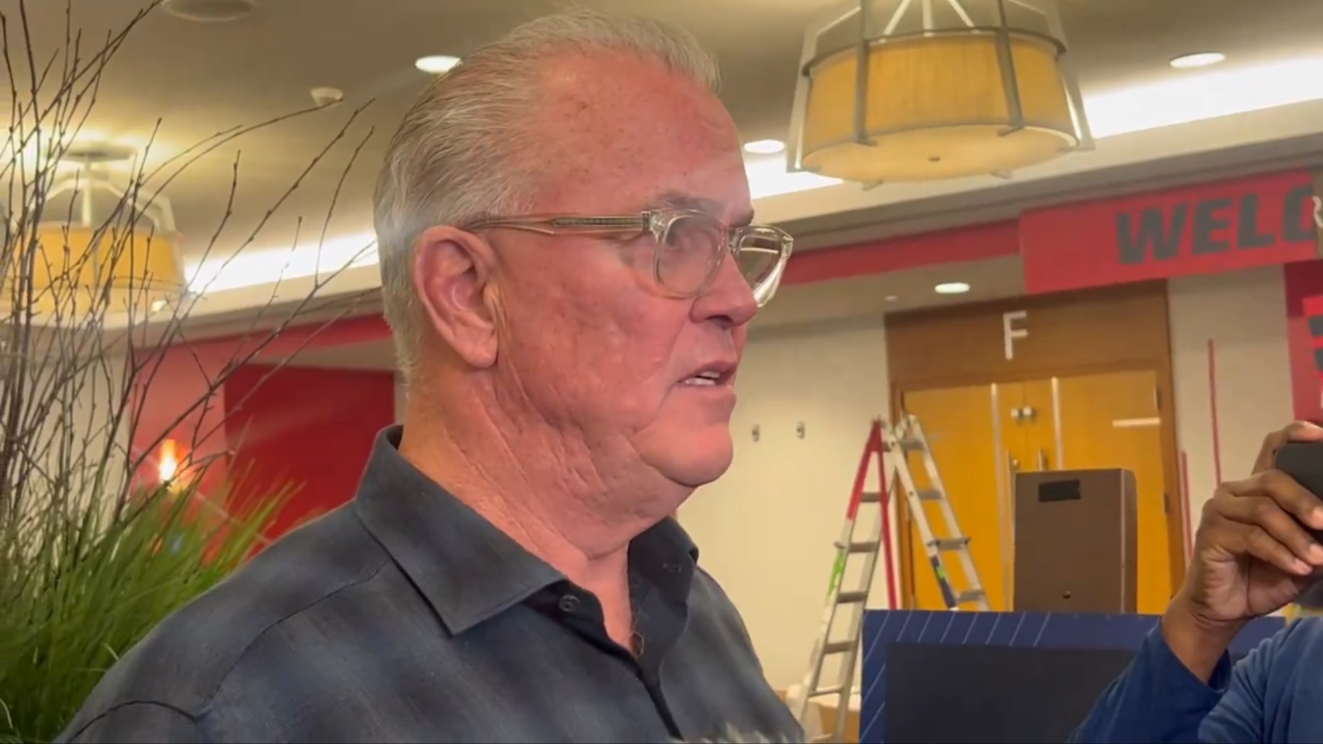 Stephen Jones talks to reporters at the NFL Scouting Combine.