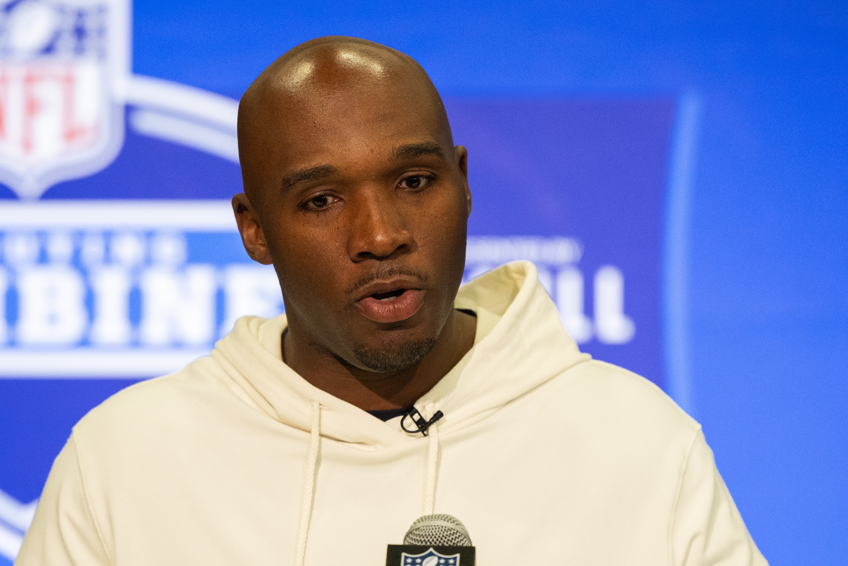 Feb 27, 2024; Indianapolis, IN, USA; Houston Texans head coach DeMeco Ryans talks to the media at the 2024 NFL Combine at Indiana Convention Center.