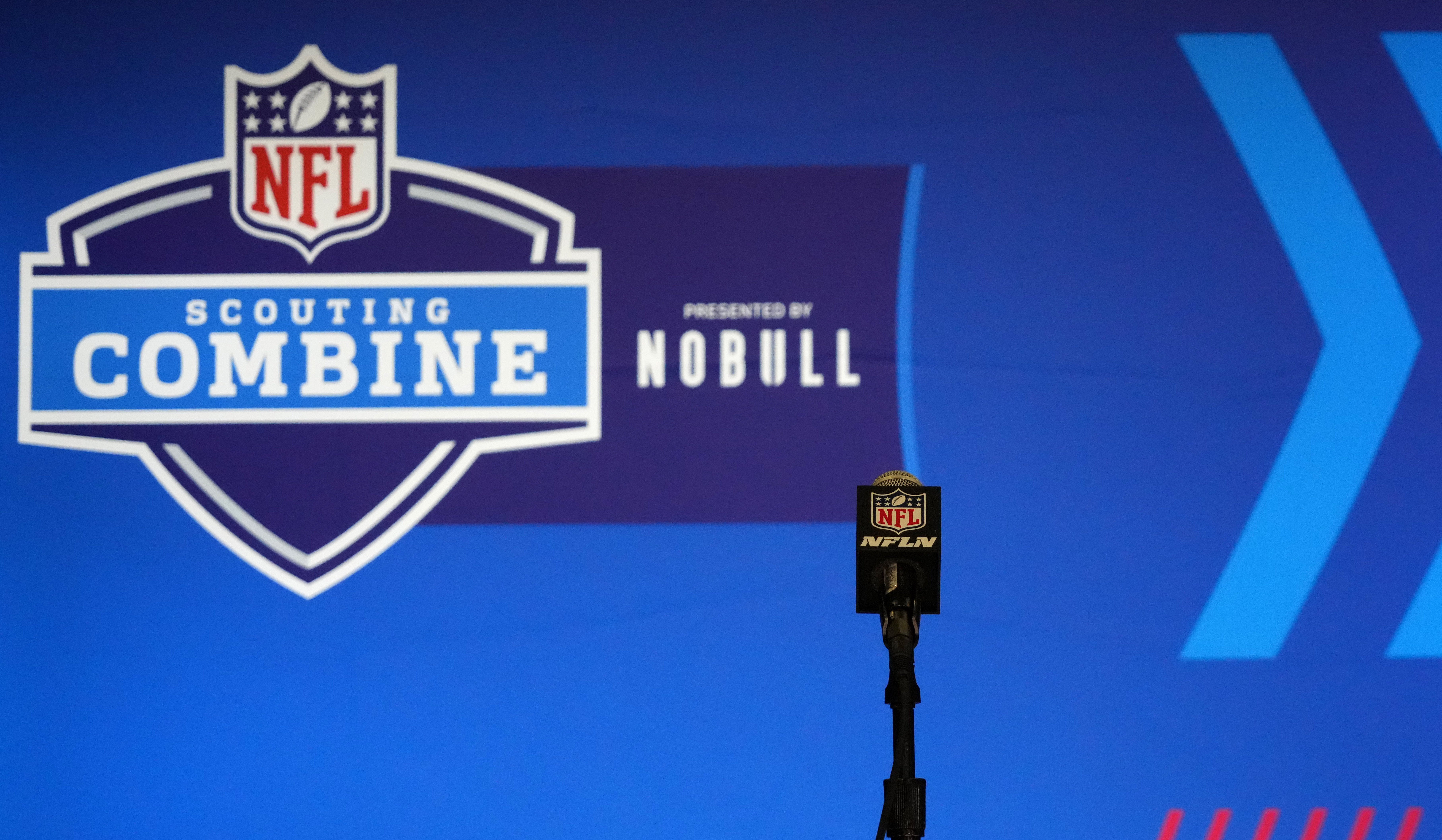 Empty media press conference podiums during the NFL Scouting Combine at Indiana Convention Center. Kirby Lee-USA TODAY Sports