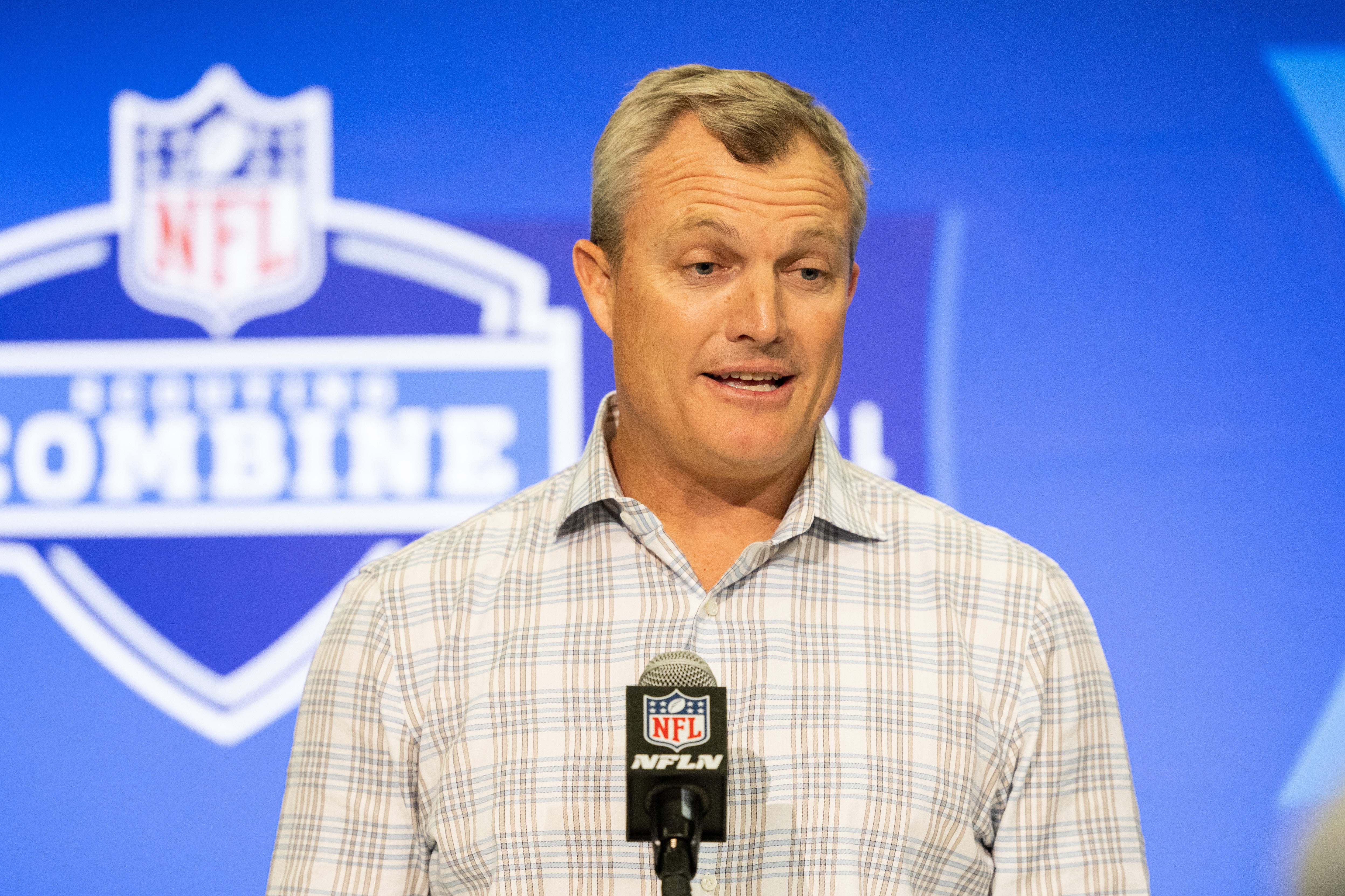 Feb 27, 2024; Indianapolis, IN, USA; San Francisco 49ers general manager John Lynch talks to the media at the 2024 NFL Combine at Indiana Convention Center.
