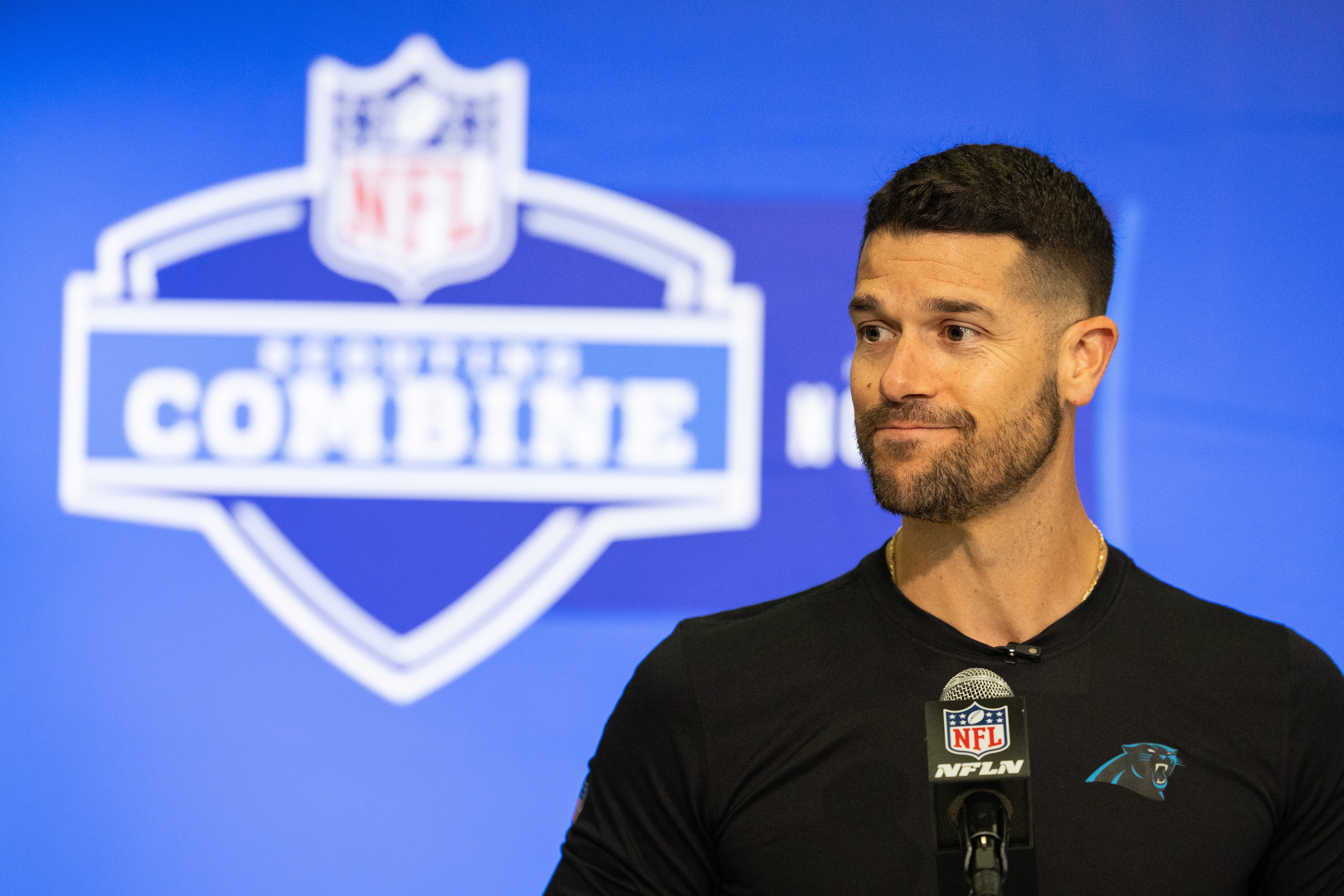 Feb 27, 2024; Indianapolis, IN, USA; Carolina Panthers head coach Dave Canales talks to the media at the 2024 NFL Combine at Indiana Convention Center. Mandatory Credit: Trevor Ruszkowski-USA TODAY Sports
