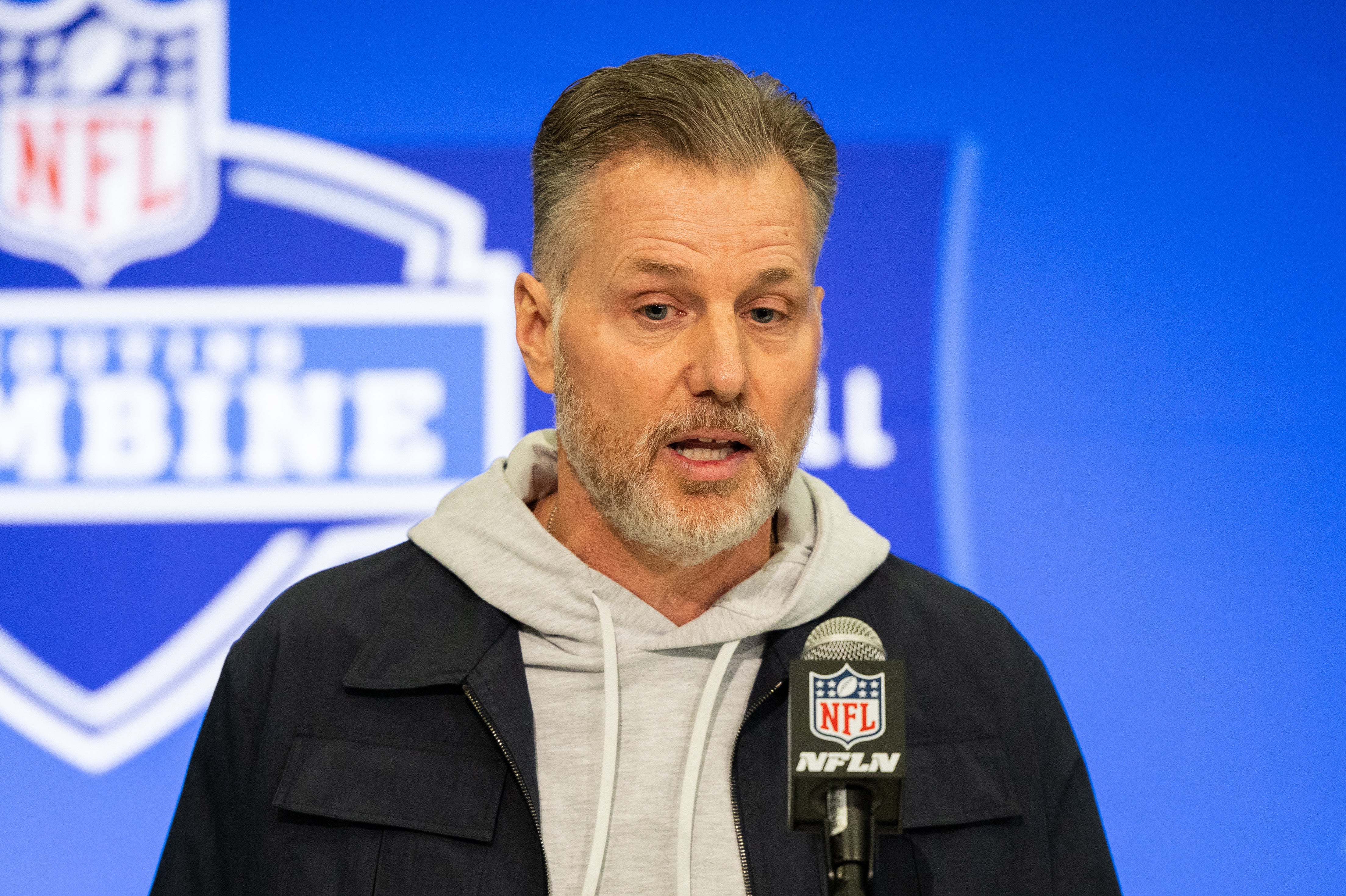 Feb 27, 2024; Indianapolis, IN, USA; Chicago Bears head coach Matt Eberflus talks to the media at the 2024 NFL Combine at Indiana Convention Center.