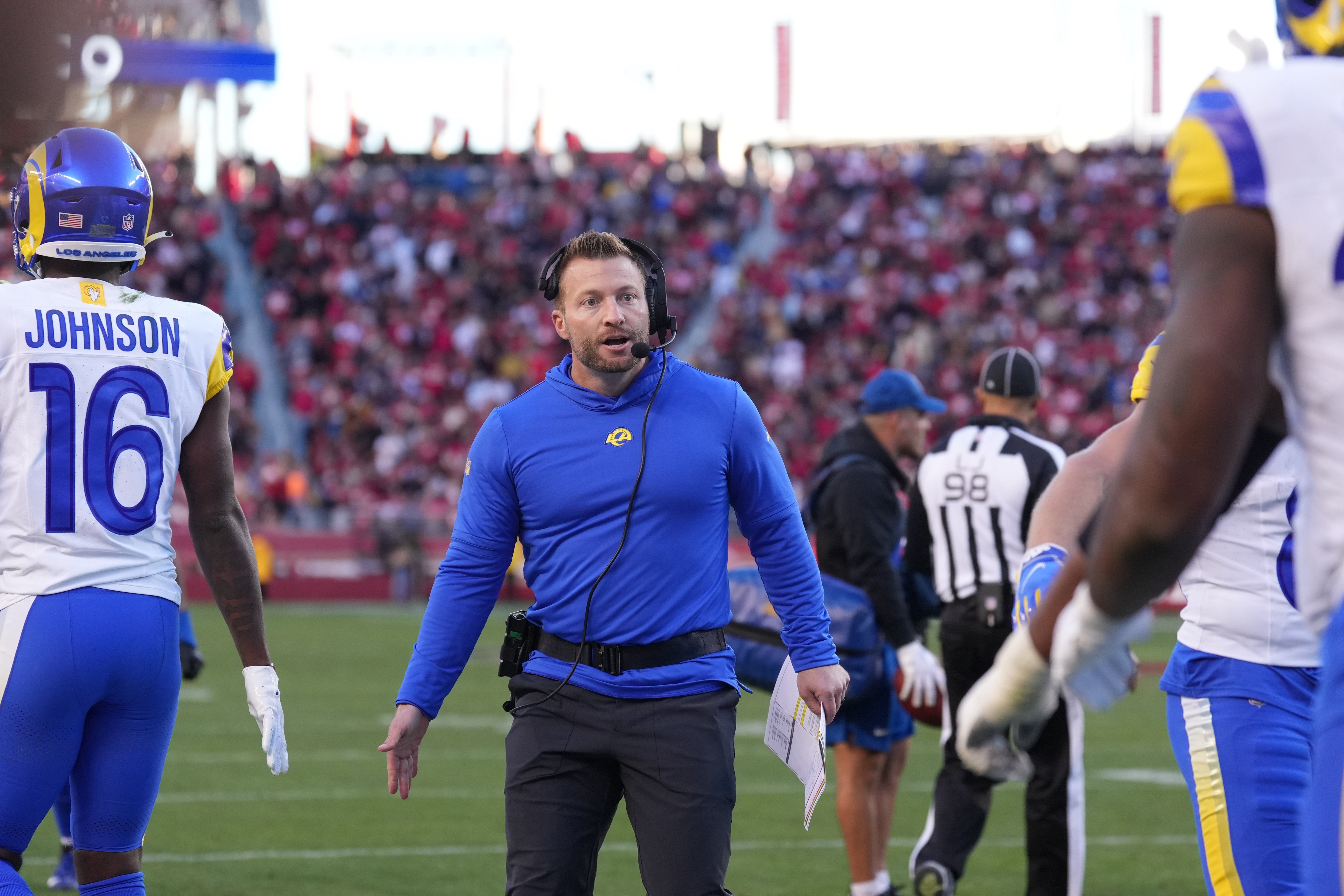 Jan 7, 2024; Santa Clara, California, USA; Los Angeles Rams head coach Sean McVay waits to congratulate players after a two-point conversion against the San Francisco 49ers during the fourth quarter at Levi's Stadium. Mandatory Credit: Darren Yamashita-USA TODAY Sports