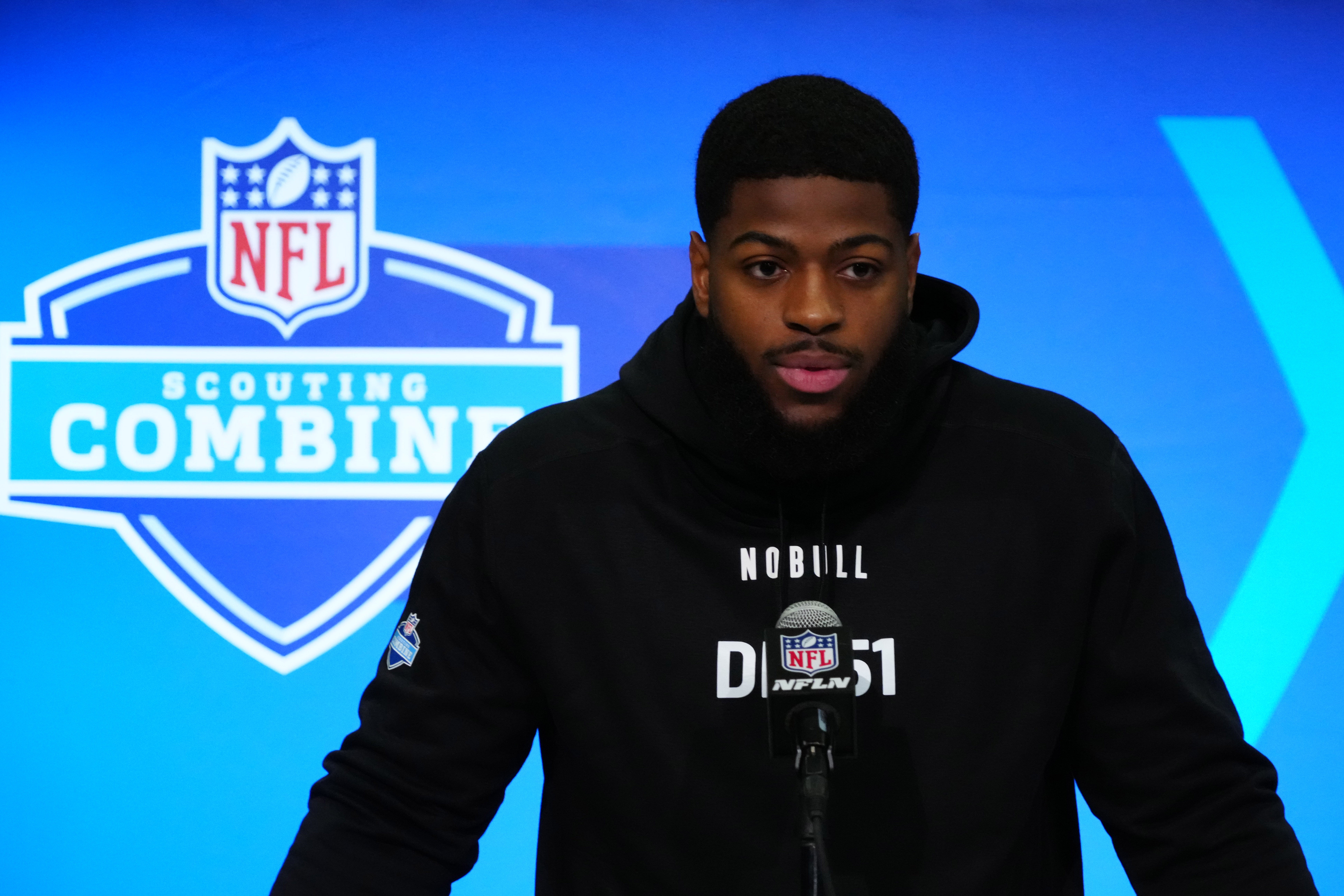 Feb 28, 2024; Indianapolis, IN, USA; Florida State defensive lineman Jared Verse (DL51) speaks at a press conference at the NFL Scouting Combine at Indiana Convention Center.