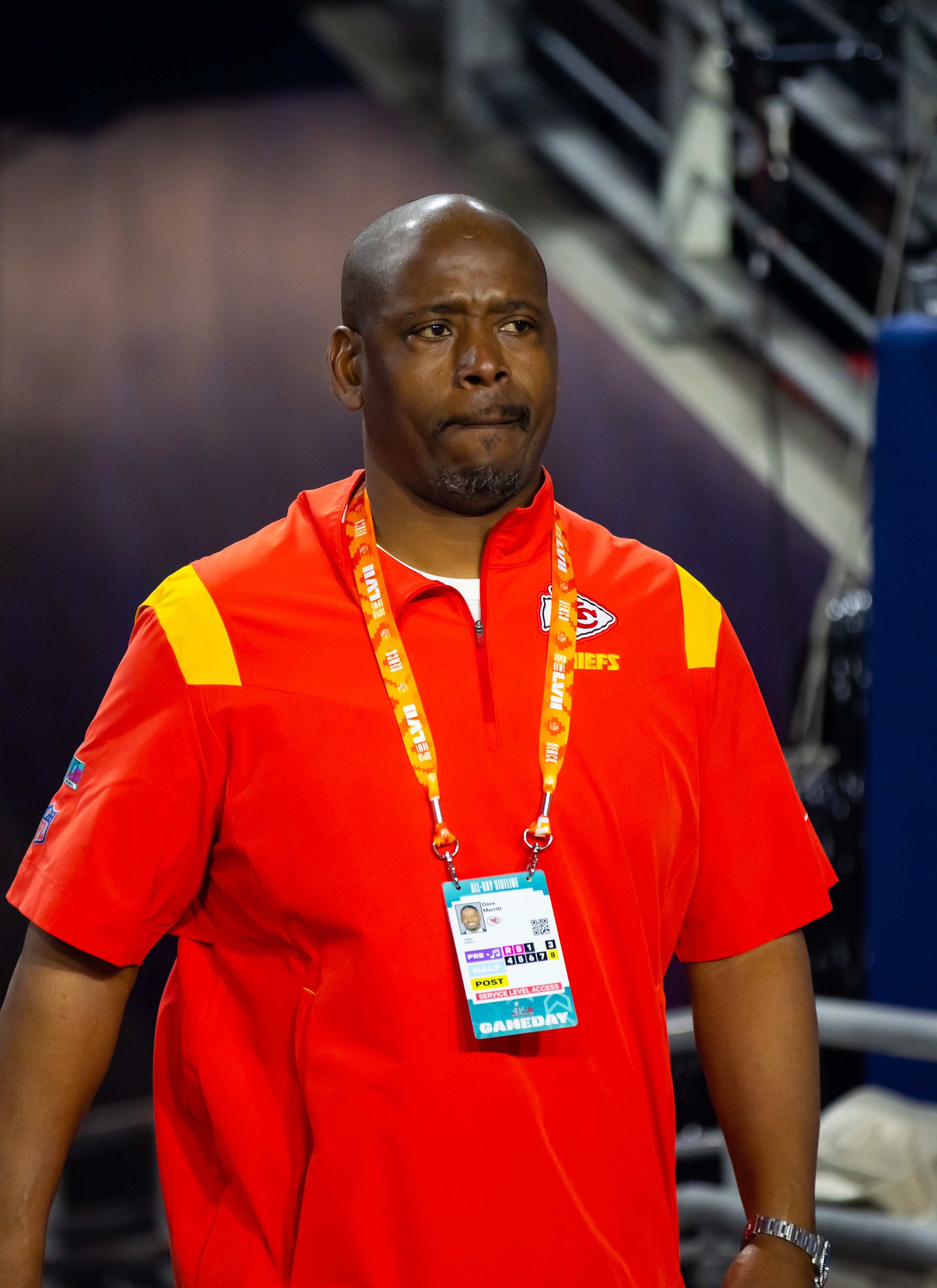 Feb 12, 2023; Glendale, Arizona, US; Kansas City Chiefs defensive backs coach Dave Merritt against the Philadelphia Eagles during Super Bowl LVII at State Farm Stadium.