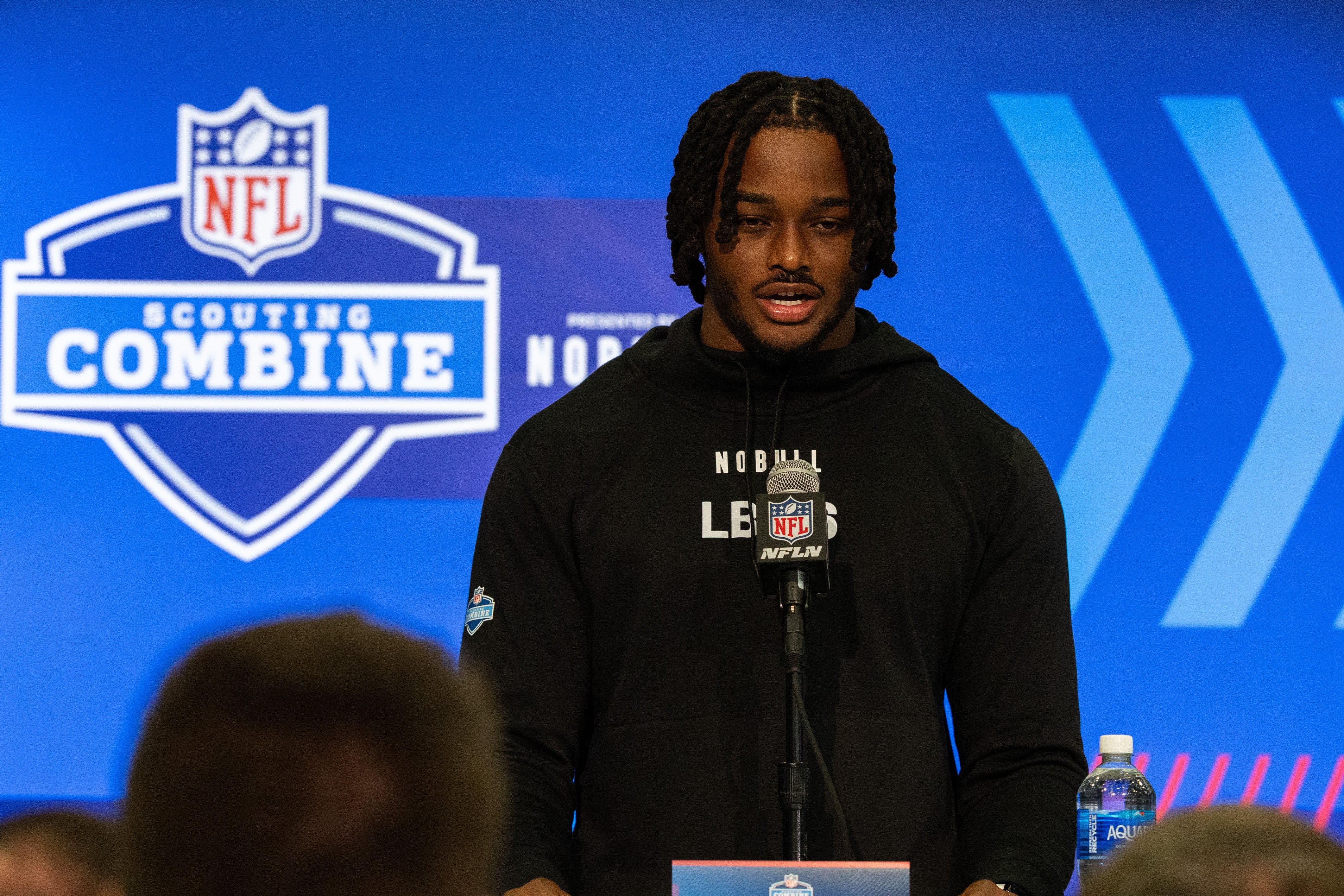 Feb 28, 2024; Indianapolis, IN, USA; Alabama linebacker Dallas Turner (LB26) talks to the media at the 2024 NFL Combine at Indiana Convention Center.