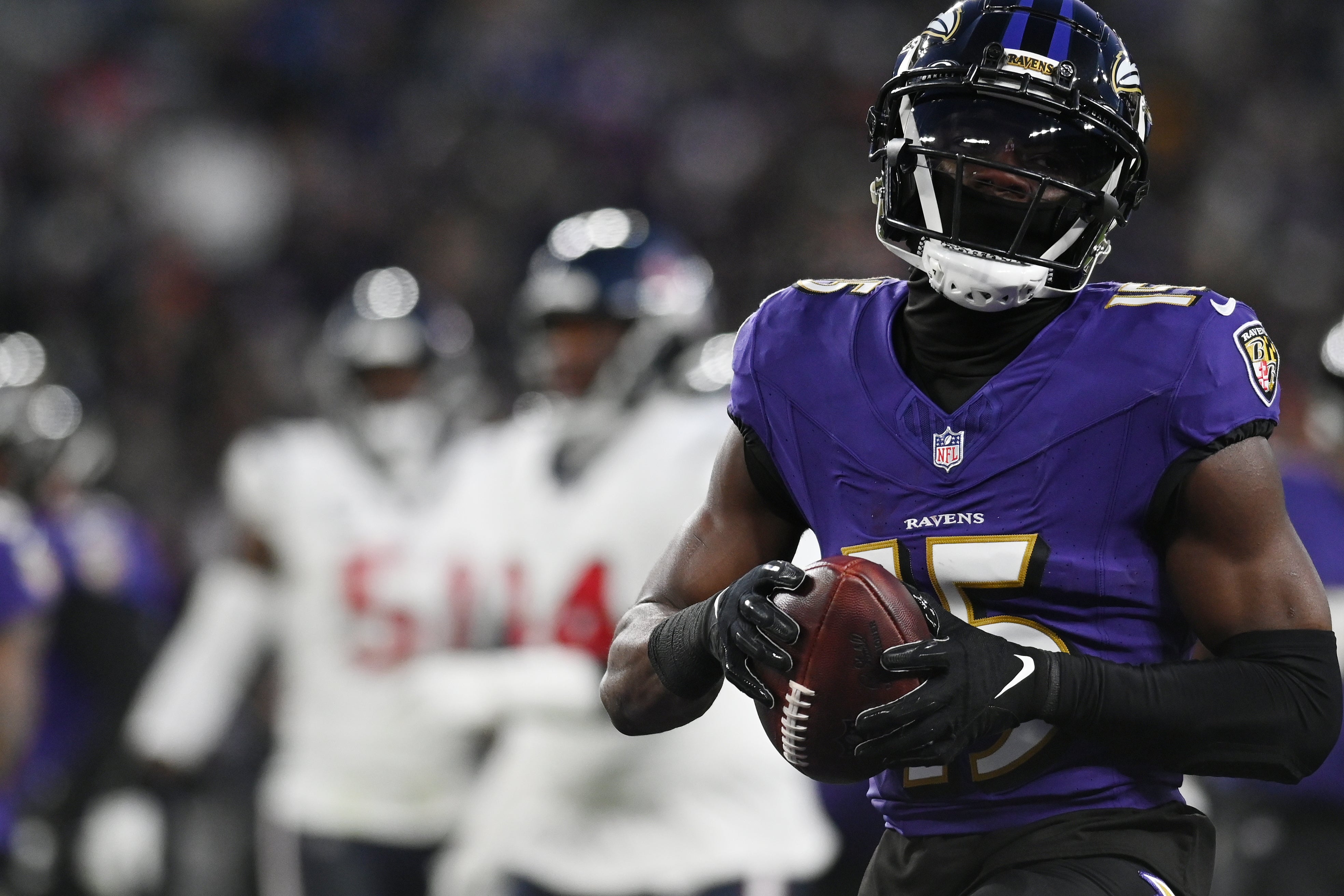 Baltimore Ravens wide receiver Nelson Agholor (15) celebrates after scoring a touchdown against the Houston Texans during the second quarter of a 2024 AFC divisional round game at M&T Bank Stadium.