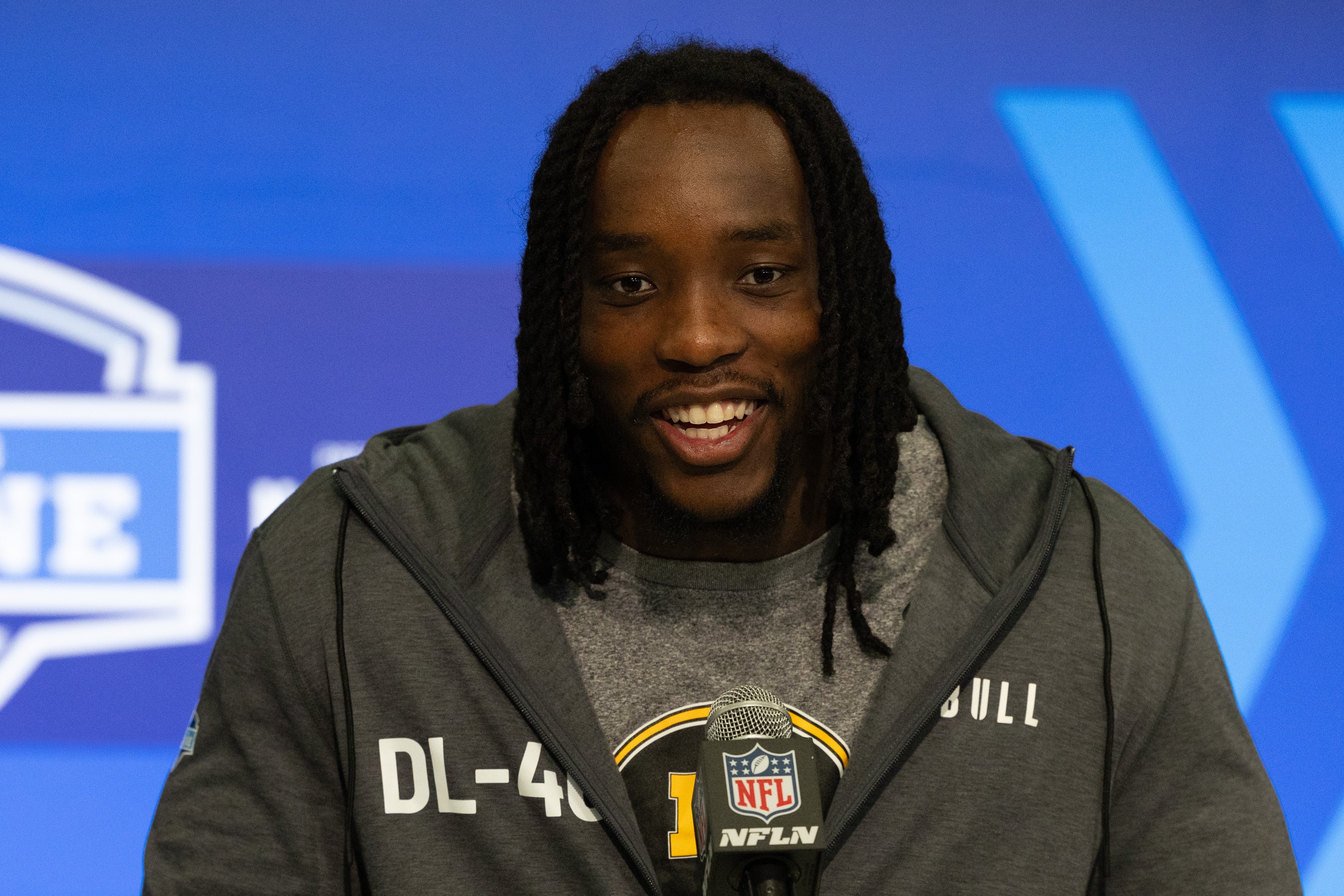 Missouri defensive lineman Darius Robinson (DL46) talks to the media at the 2024 NFL Combine