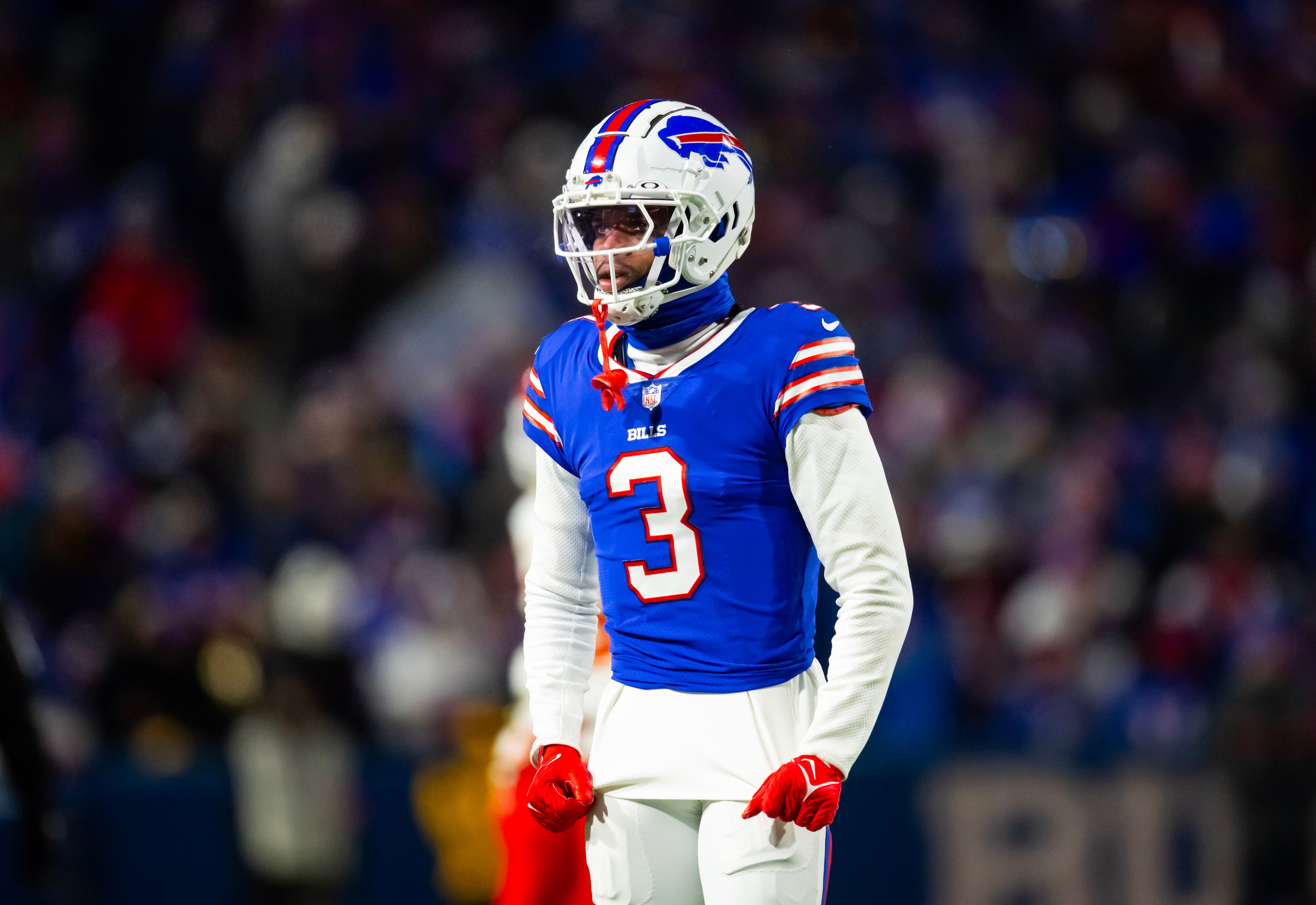 Jan 21, 2024; Orchard Park, New York, USA; Buffalo Bills safety Damar Hamlin (3) during the 2024 AFC divisional round game against the Kansas City Chiefs at Highmark Stadium.