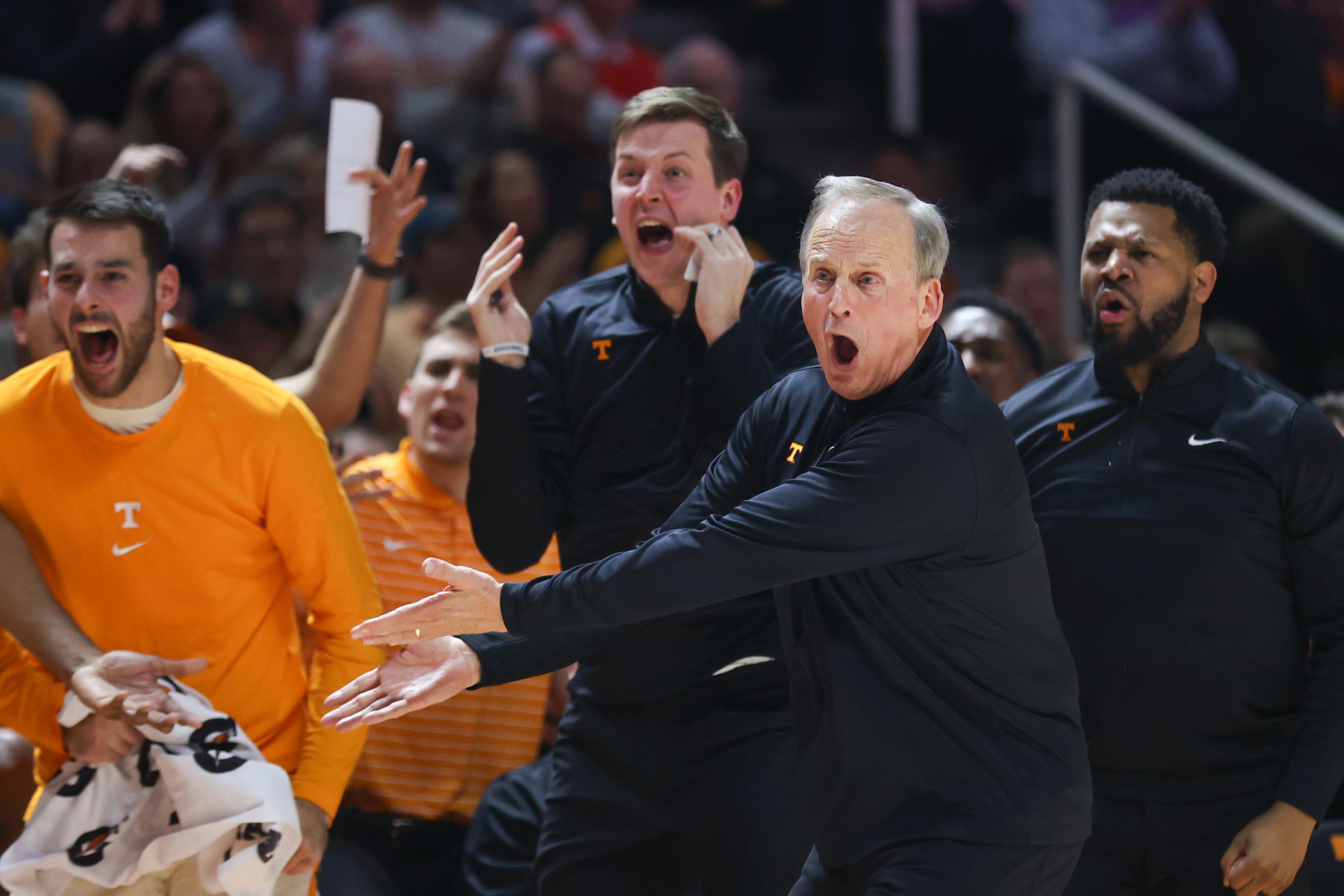 Feb 28, 2024; Knoxville, Tennessee, USA; Tennessee Volunteers head coach Rick Barnes shouts to an official during the second half against the Auburn Tigers at Thompson-Boling Arena at Food City Center.
