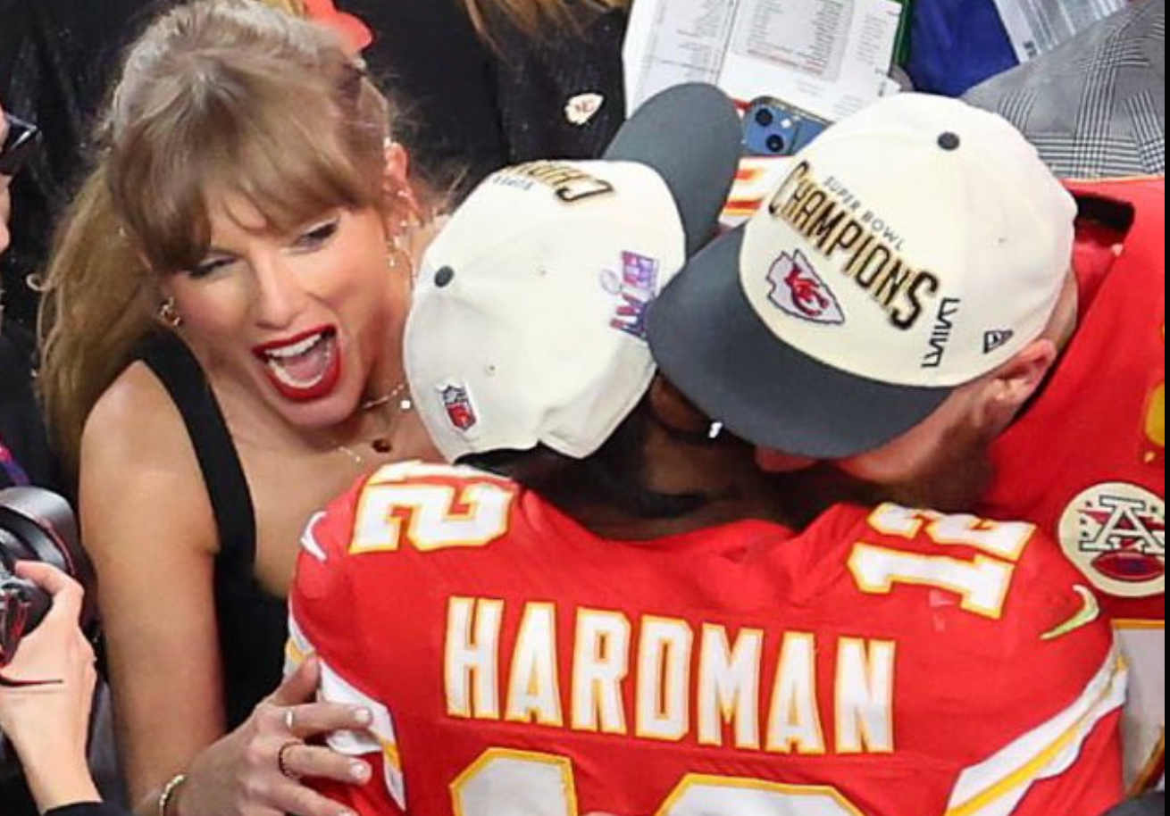 Taylor Swift and Travis Kelce celebrate with Mecole Hardman Jr. after Super Bowl LVIII win.