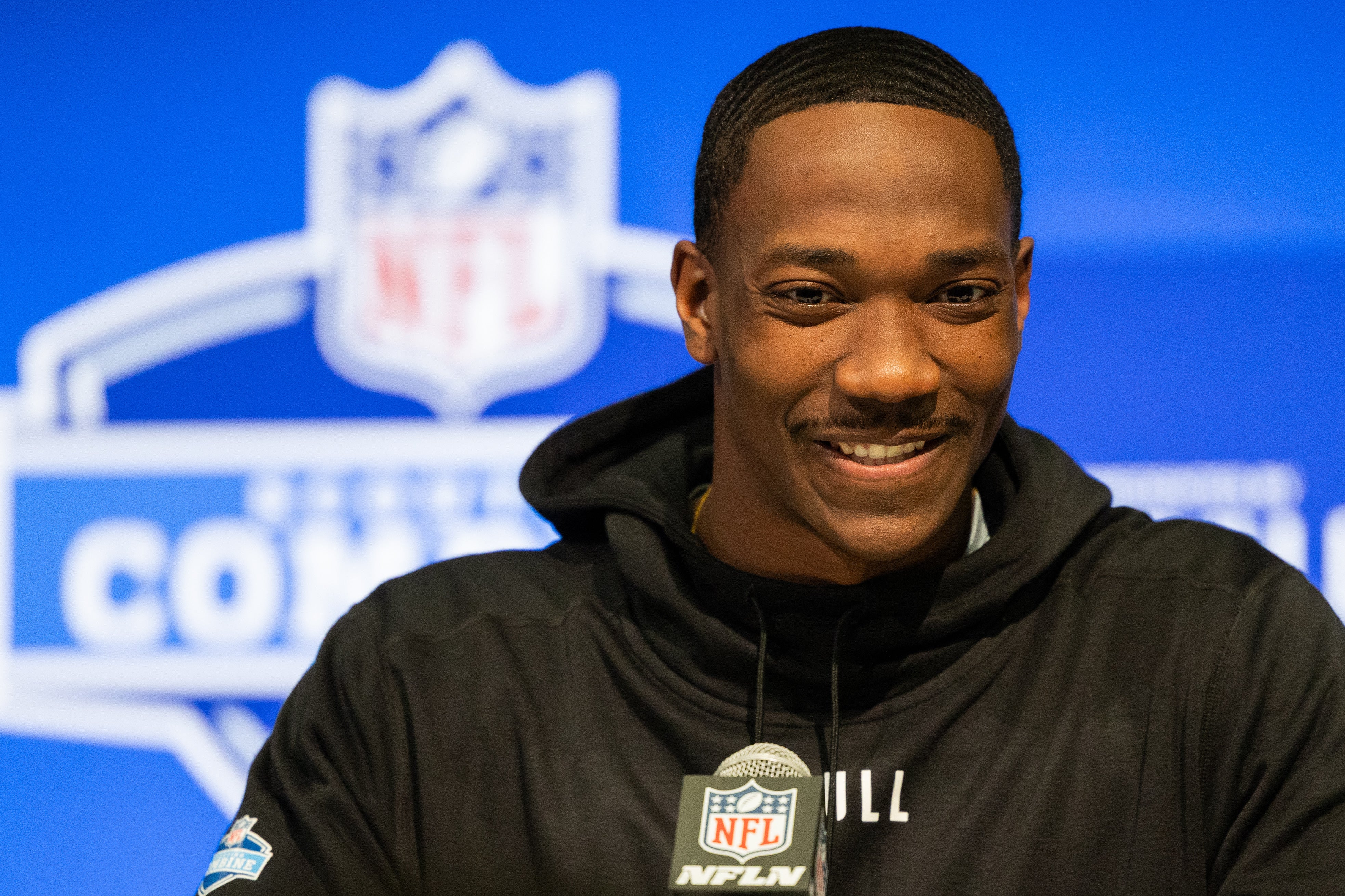 Notre Dame defensive back Cam Hart (DB15) talks to the media during the 2024 NFL Combine at Lucas Oil Stadium. Trevor Ruszkowski-USA TODAY Sports