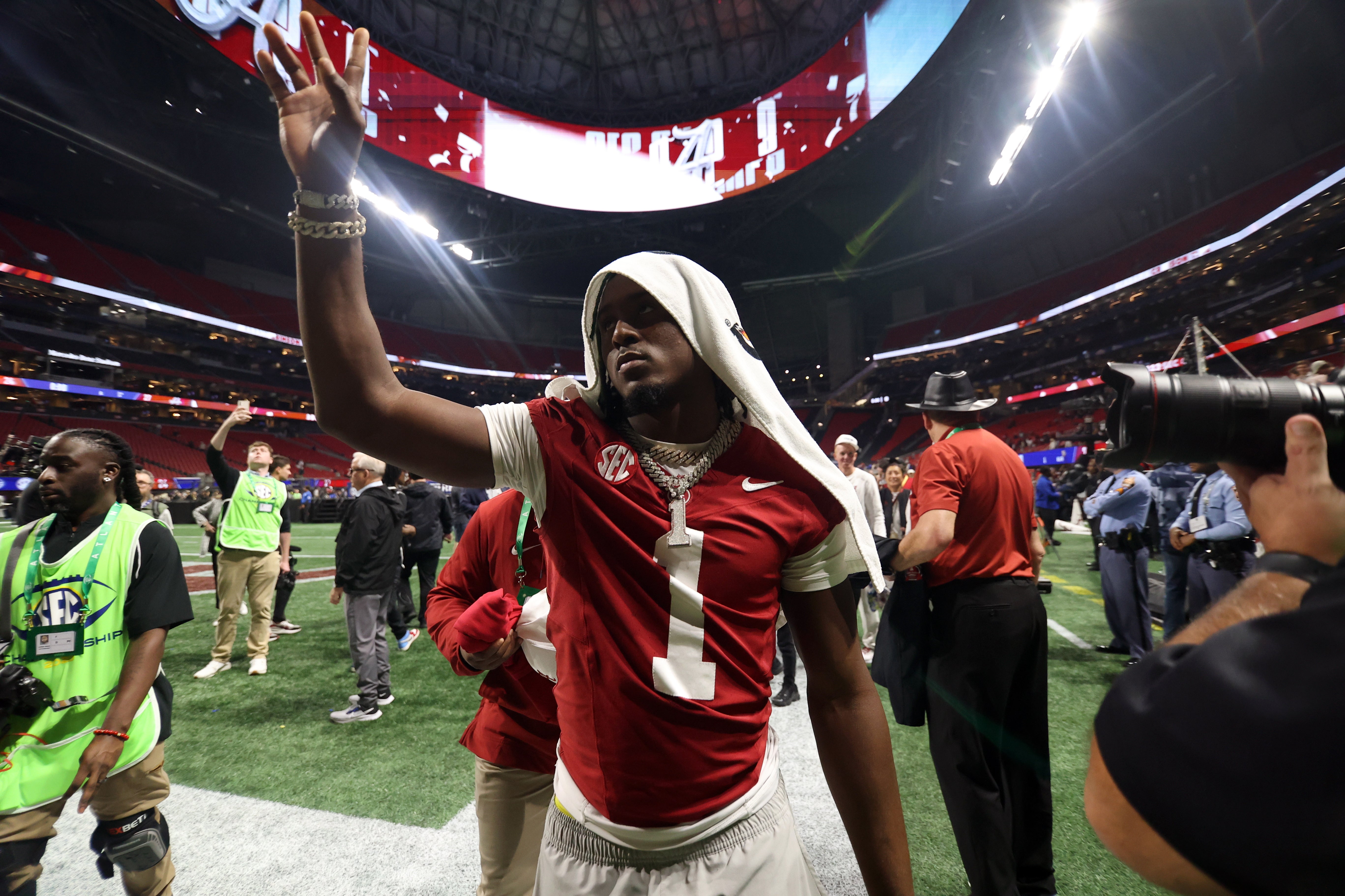Dec 2, 2023; Atlanta, GA, USA; Alabama Crimson Tide defensive back Kool-Aid McKinstry (1) reacts after defeating the Georgia Bulldogs in the SEC championship game at Mercedes-Benz Stadium. Mandatory Credit: