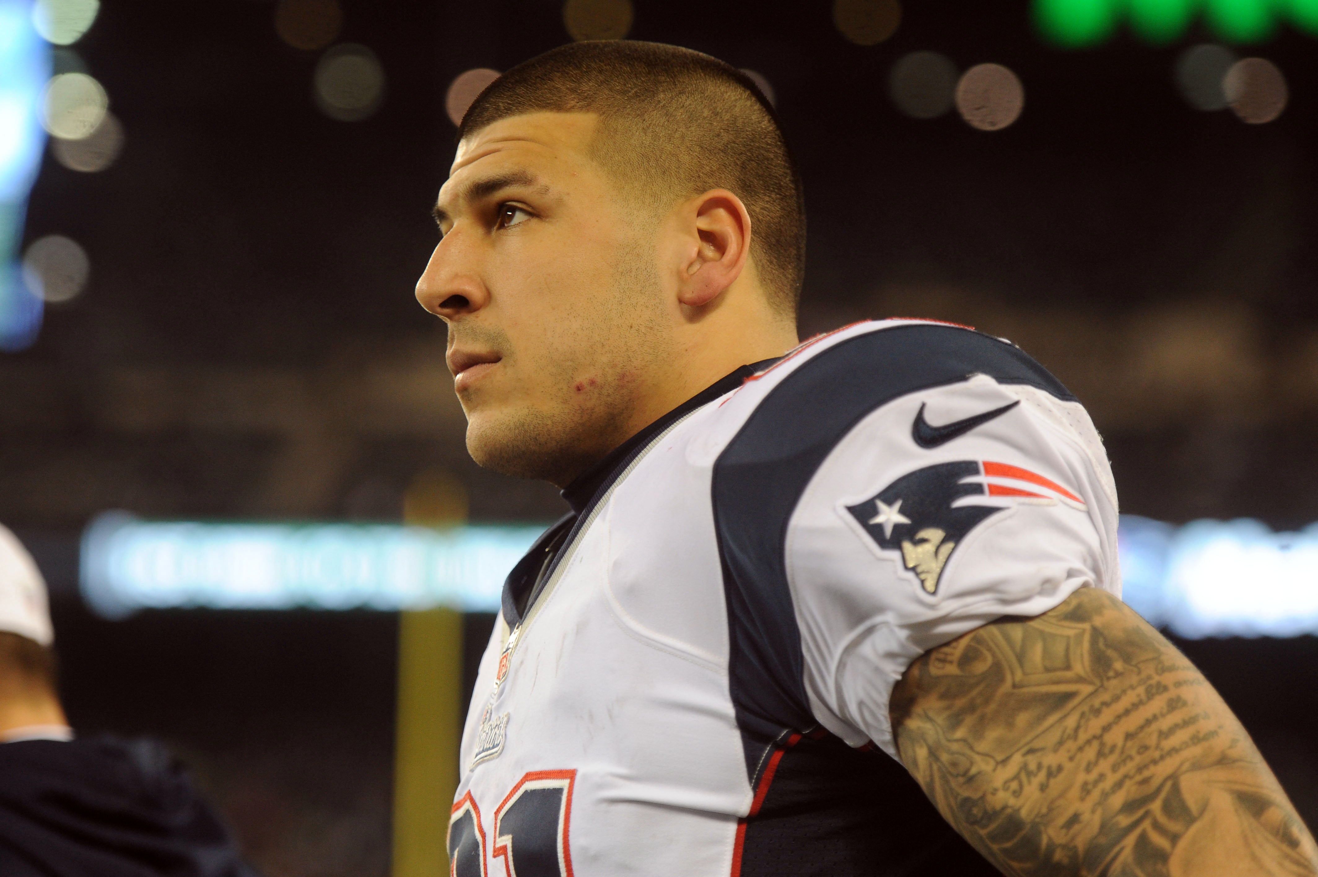 Nov 22, 2012; East Rutherford, NJ, USA; New England Patriots tight end Aaron Hernandez (81) during the second half at Metlife Stadium. The Patriots won the game 49-19.