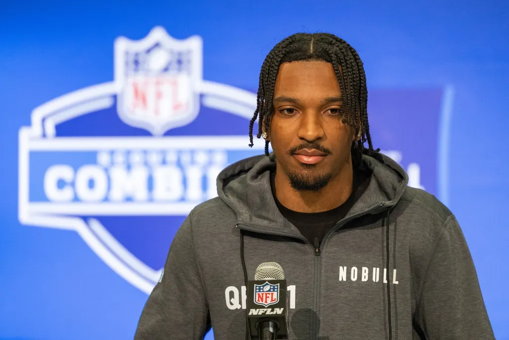 Louisiana State quarterback Jayden Daniels (QB01) talks to the media during the 2024 NFL Combine at Lucas Oil Stadium.