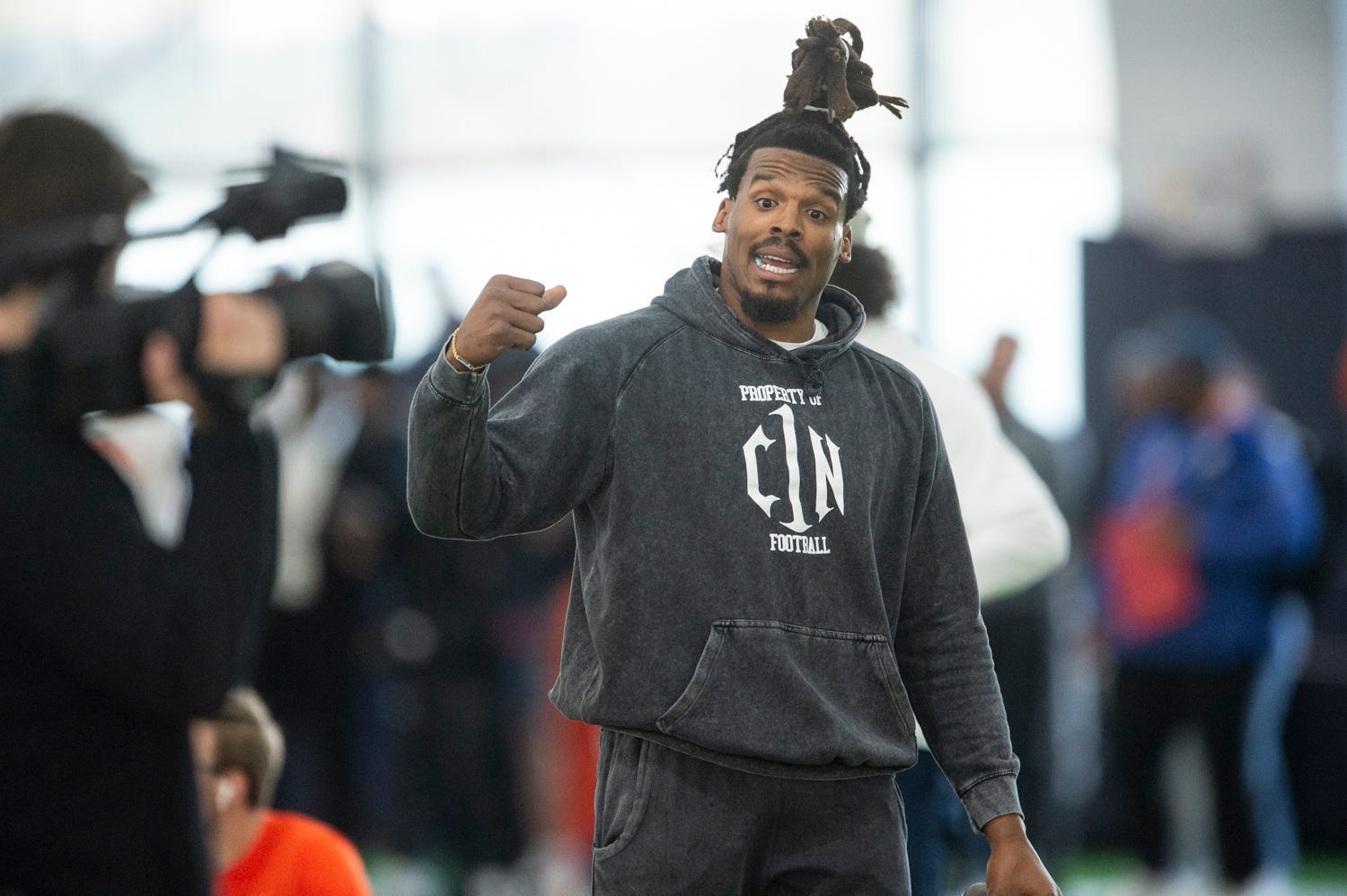 Former Auburn quarterback and NFL MVP Cam Newton during Auburn Tigers Pro Day at Woltosz Football Performance Center in Auburn, Ala., on Tuesday, March 21, 2023.