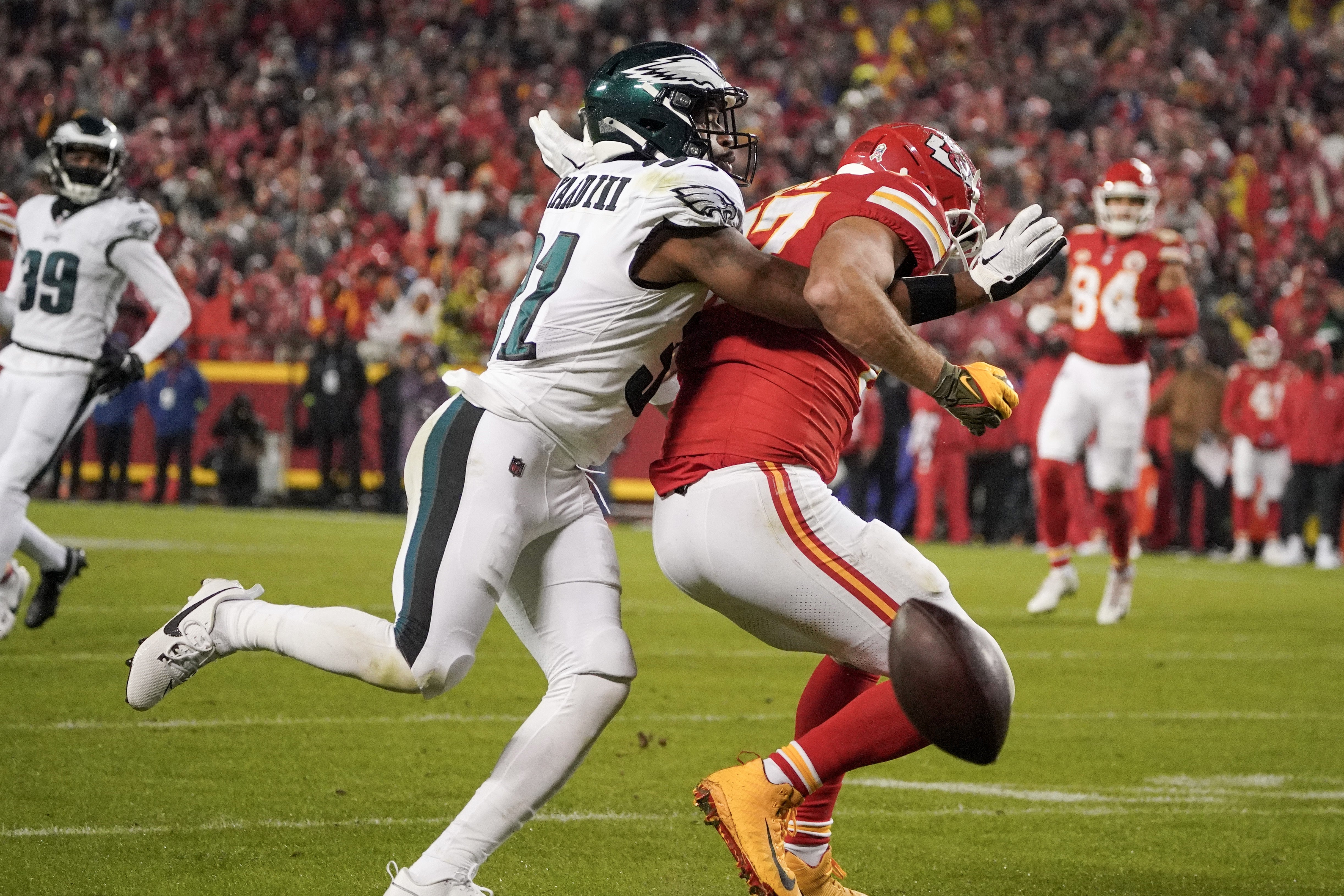 Nov 20, 2023; Kansas City, Missouri, USA; Philadelphia Eagles safety Kevin Byard (31) breaks up a pass intended for Kansas City Chiefs tight end Travis Kelce (87) during the first half at GEHA Field at Arrowhead Stadium.