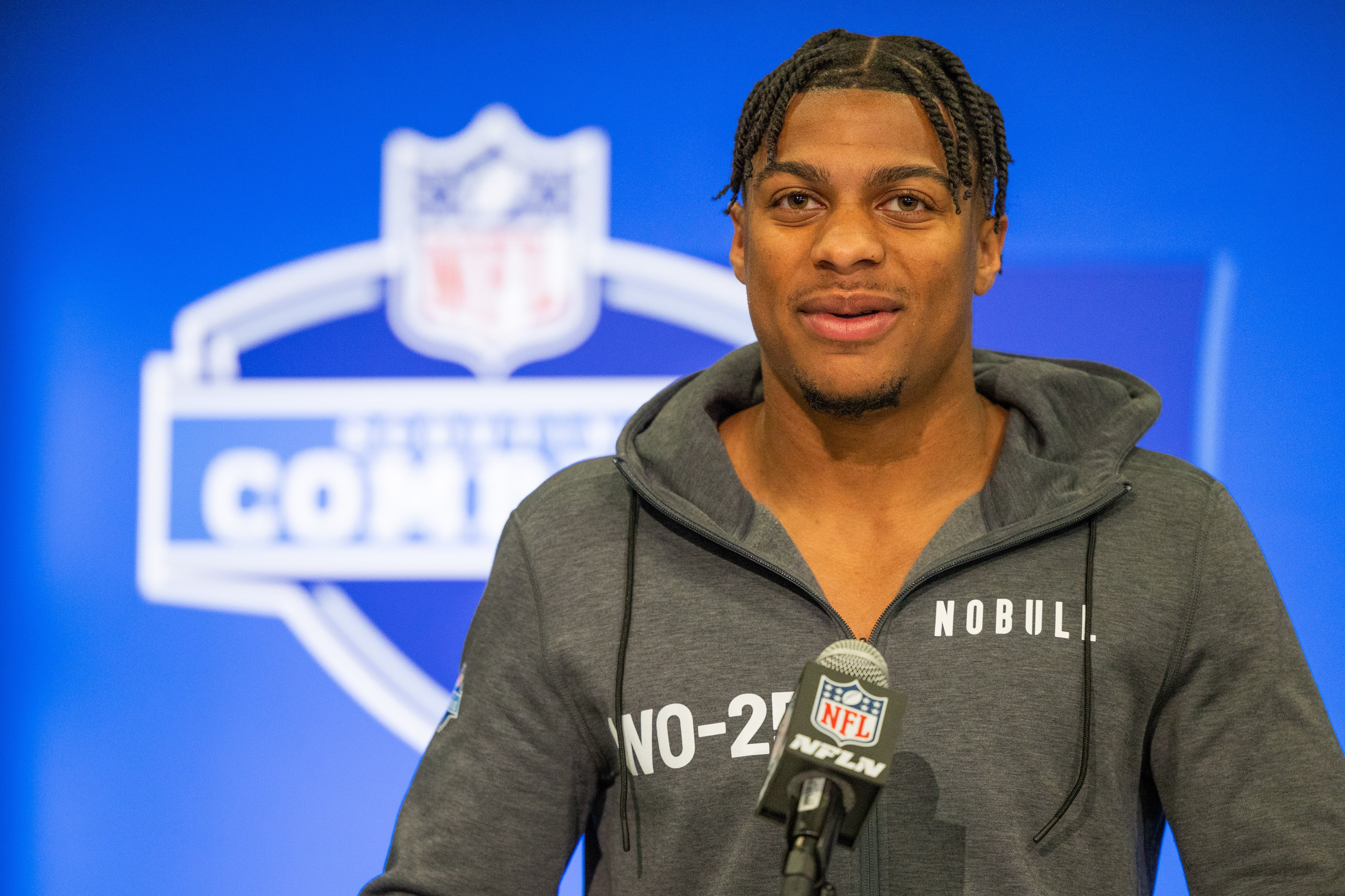 Mar 1, 2024; Indianapolis, IN, USA; Southern California wide receiver Brenden Rice (WO25) talks to the media during the 2024 NFL Combine at Lucas Oil Stadium.