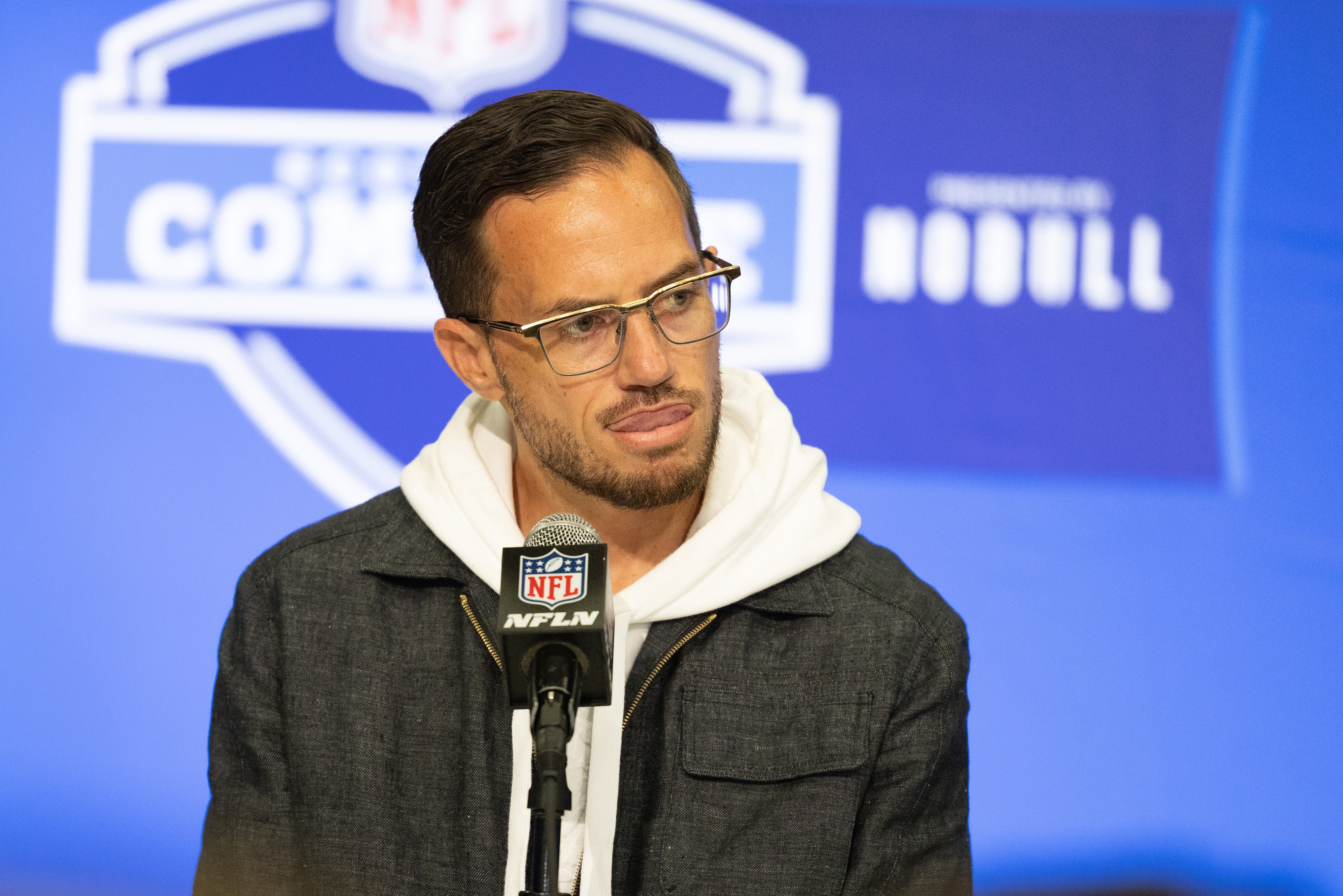 Miami Dolphins head coach Mike McDaniel talks to the media at the 2024 NFL Combine at Indiana Convention Center.