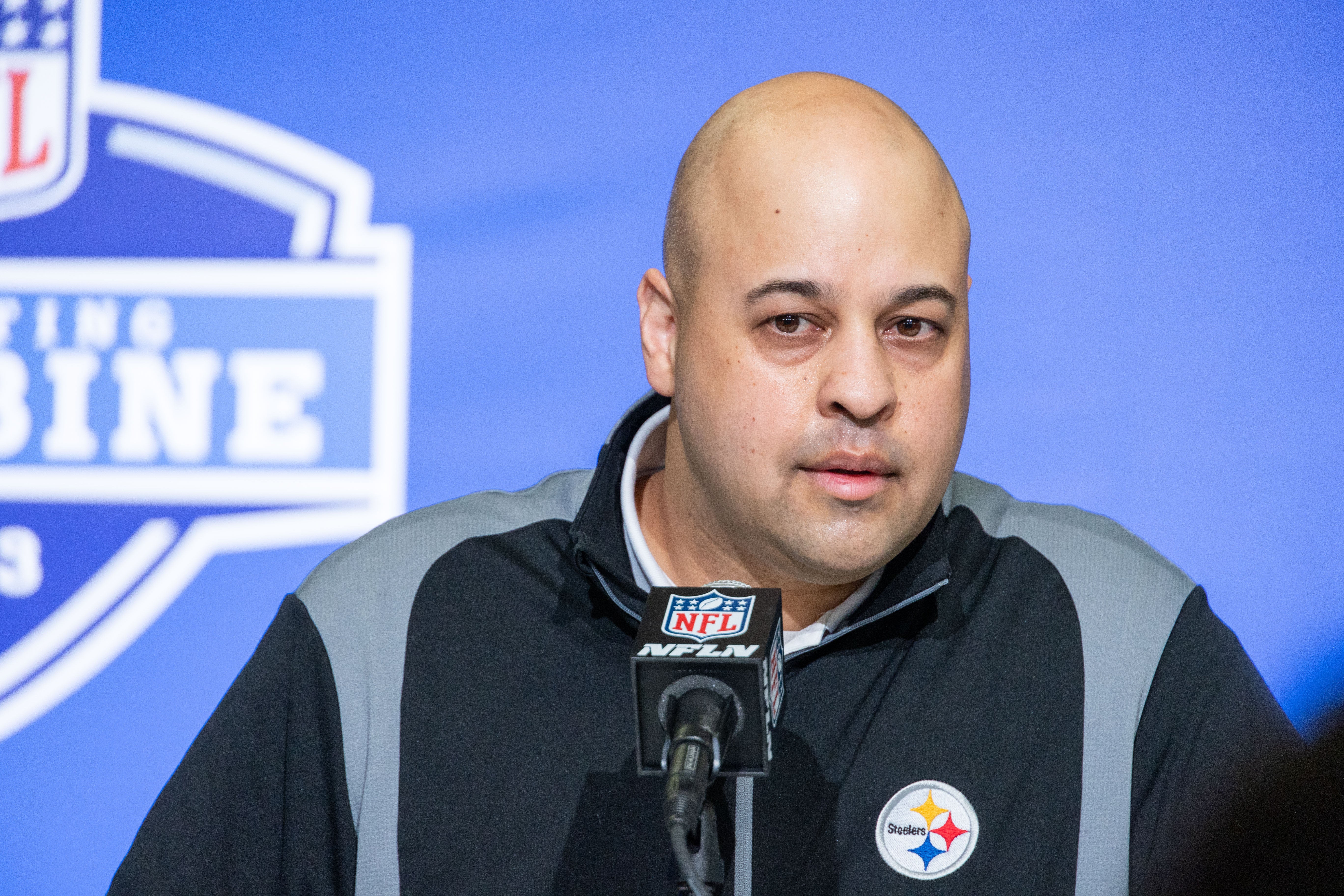 Feb 28, 2023; Indianapolis, IN, USA; Pittsburgh Steelers general manager Omar Khan speaks to the press at the NFL Combine at Lucas Oil Stadium. Mandatory Credit: Trevor Ruszkowski-USA TODAY Sports