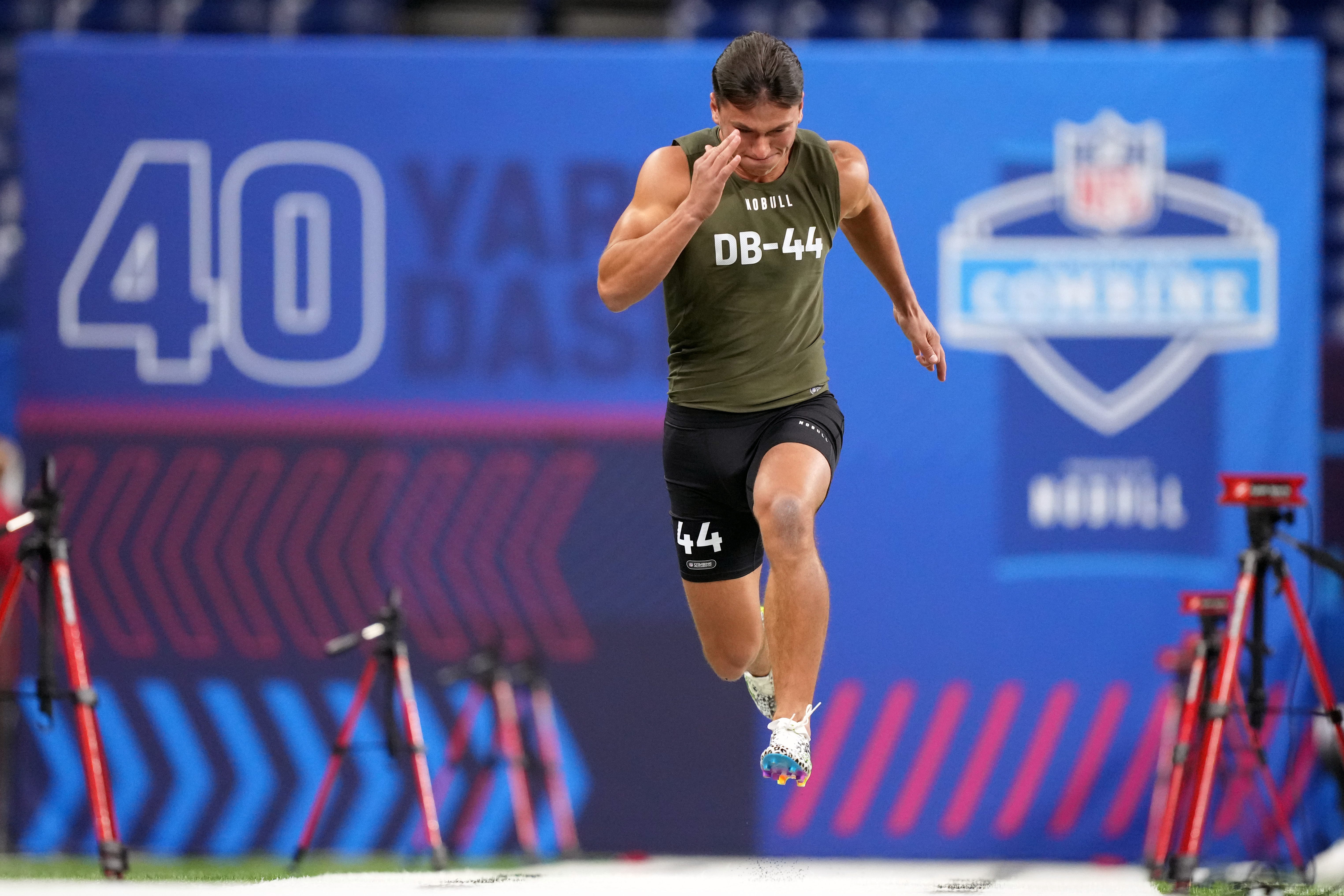Mar 1, 2024; Indianapolis, IN, USA; Utah defensive back Cole Bishop (DB44) works out during the 2024 NFL Combine at Lucas Oil Stadium.