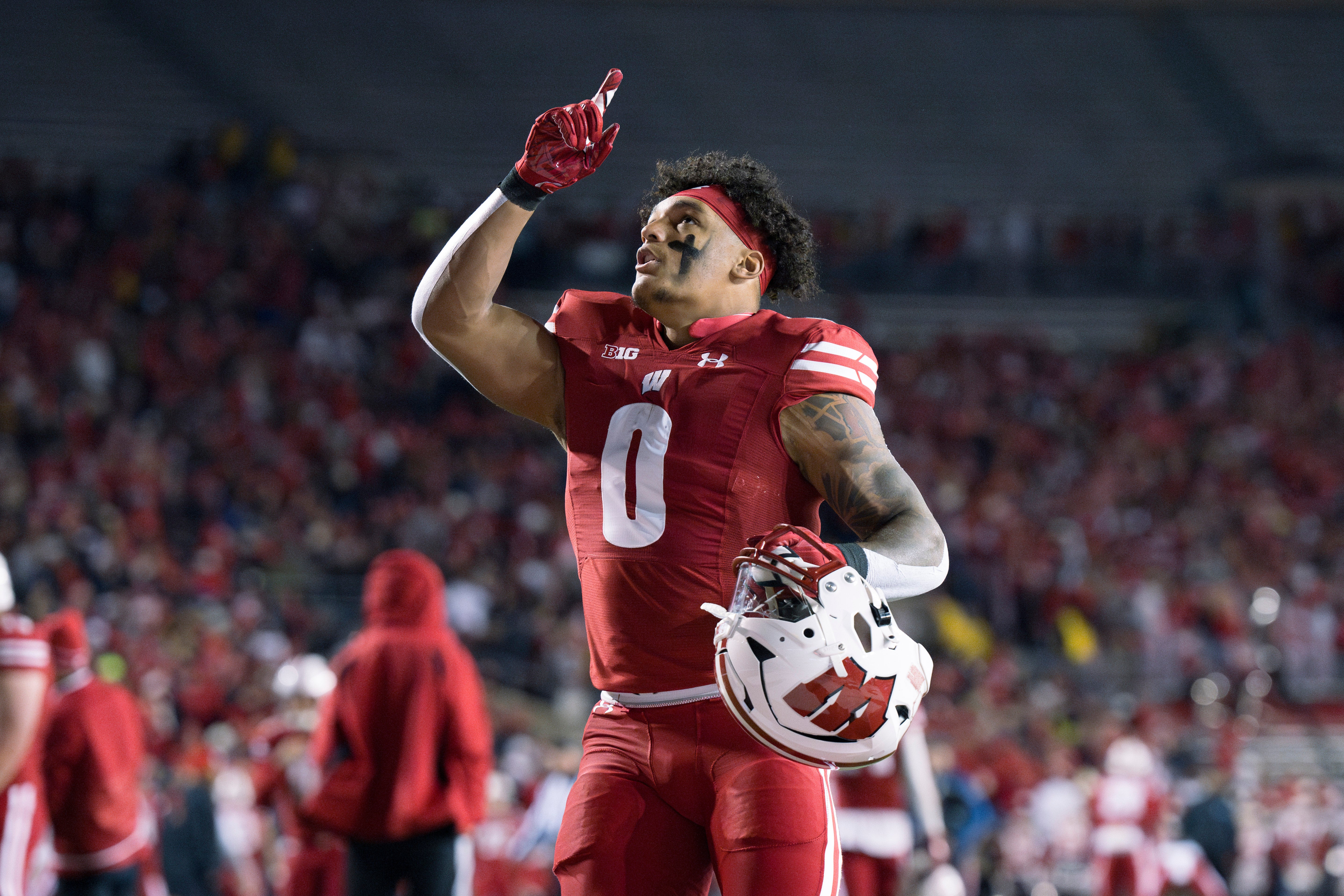 Oct 28, 2023; Madison, Wisconsin, USA; Wisconsin Badgers running back Braelon Allen (0) prior to the game against the Ohio State Buckeyes at Camp Randall Stadium.