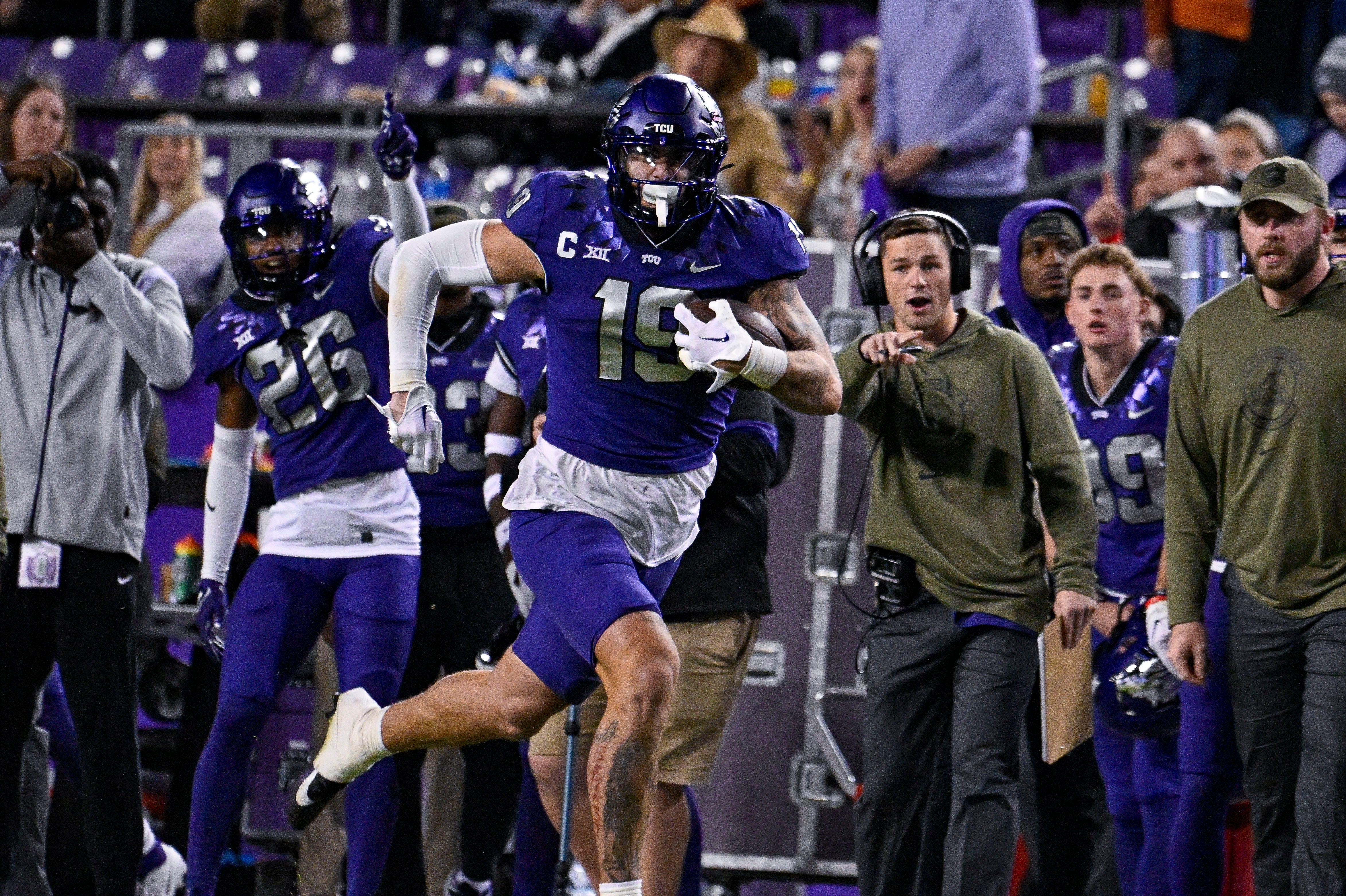 Nov 11, 2023; Fort Worth, Texas, USA; TCU Horned Frogs tight end Jared Wiley (19) catches a pass for a first down against the Texas Longhorns during the second half at Amon G. Carter Stadium. Mandatory Credit: Jerome Miron-USA TODAY Sports