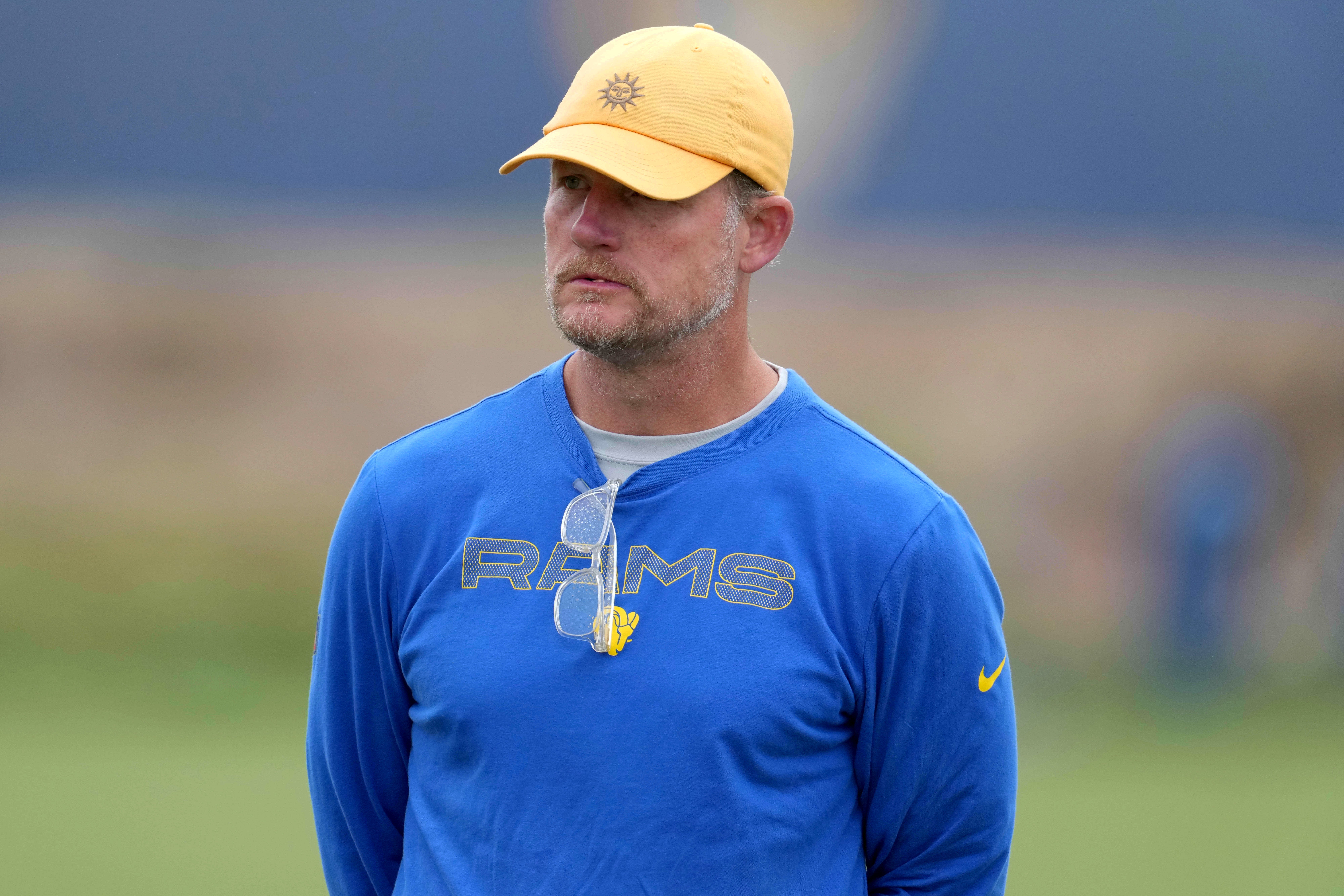Aug 18, 2021; Thousand Oaks, CA, USA; Los Angeles Rams general manager Les Snead reacts during a joint practice against the Las Vegas Raiders. Mandatory Credit: Kirby Lee-USA TODAY Sports