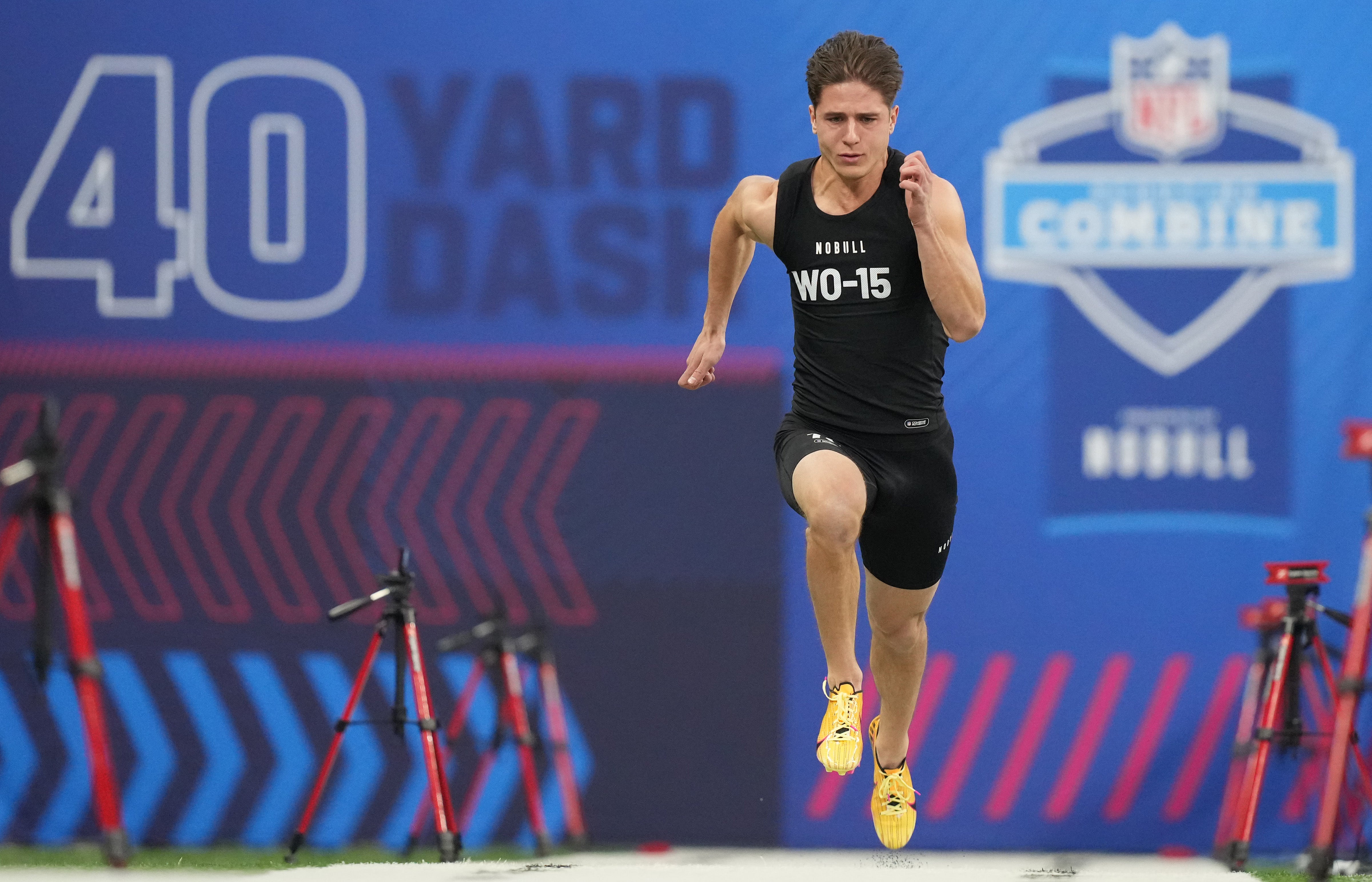 Mar 2, 2024; Indianapolis, IN, USA; Rice wide receiver Luke McCaffrey (WO15) during the 2024 NFL Combine at Lucas Oil Stadium.