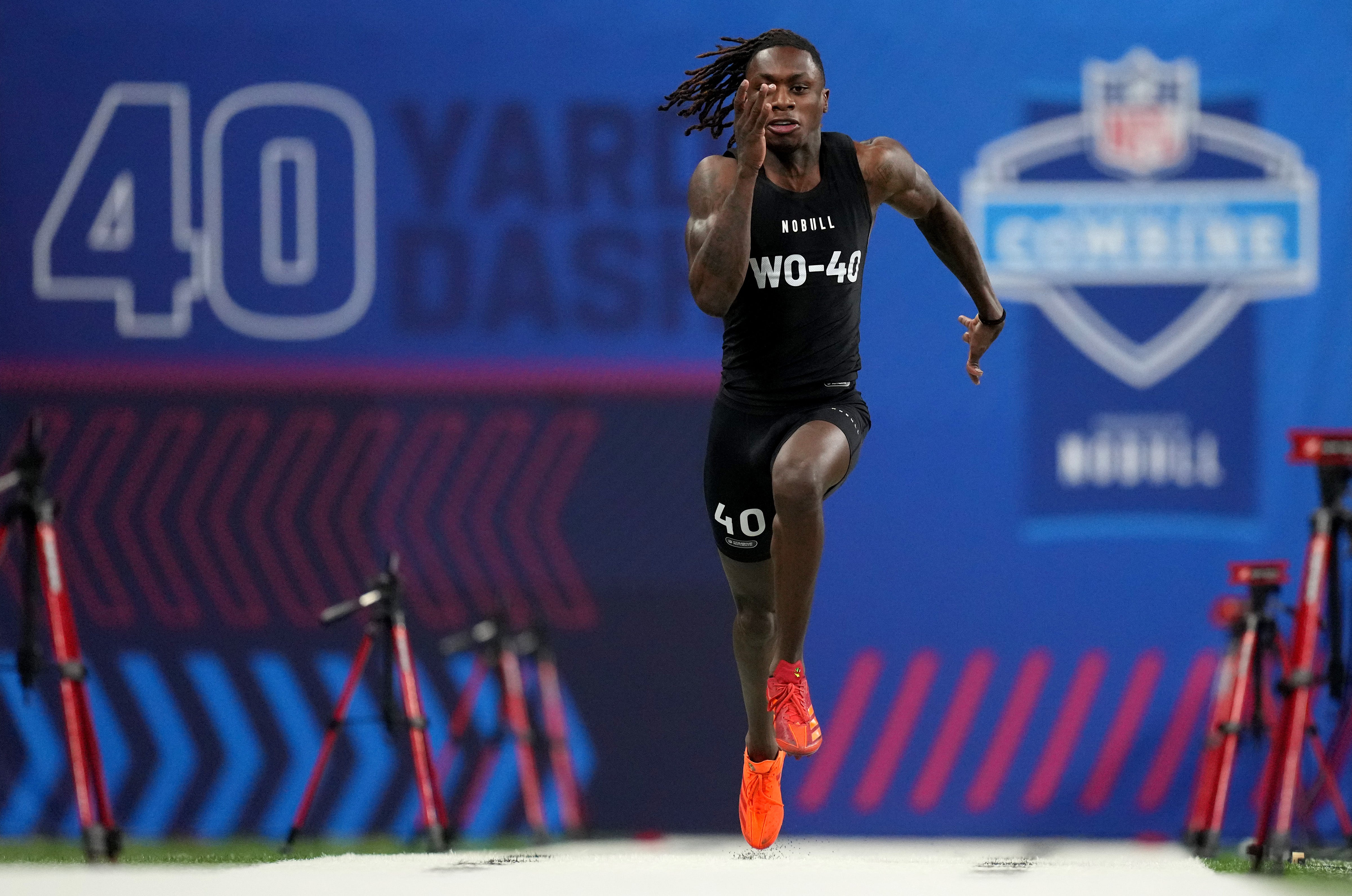 Mar 2, 2024; Indianapolis, IN, USA; Texas wide receiver Xavier Worthy (WO40) during the 2024 NFL Combine at Lucas Oil Stadium.